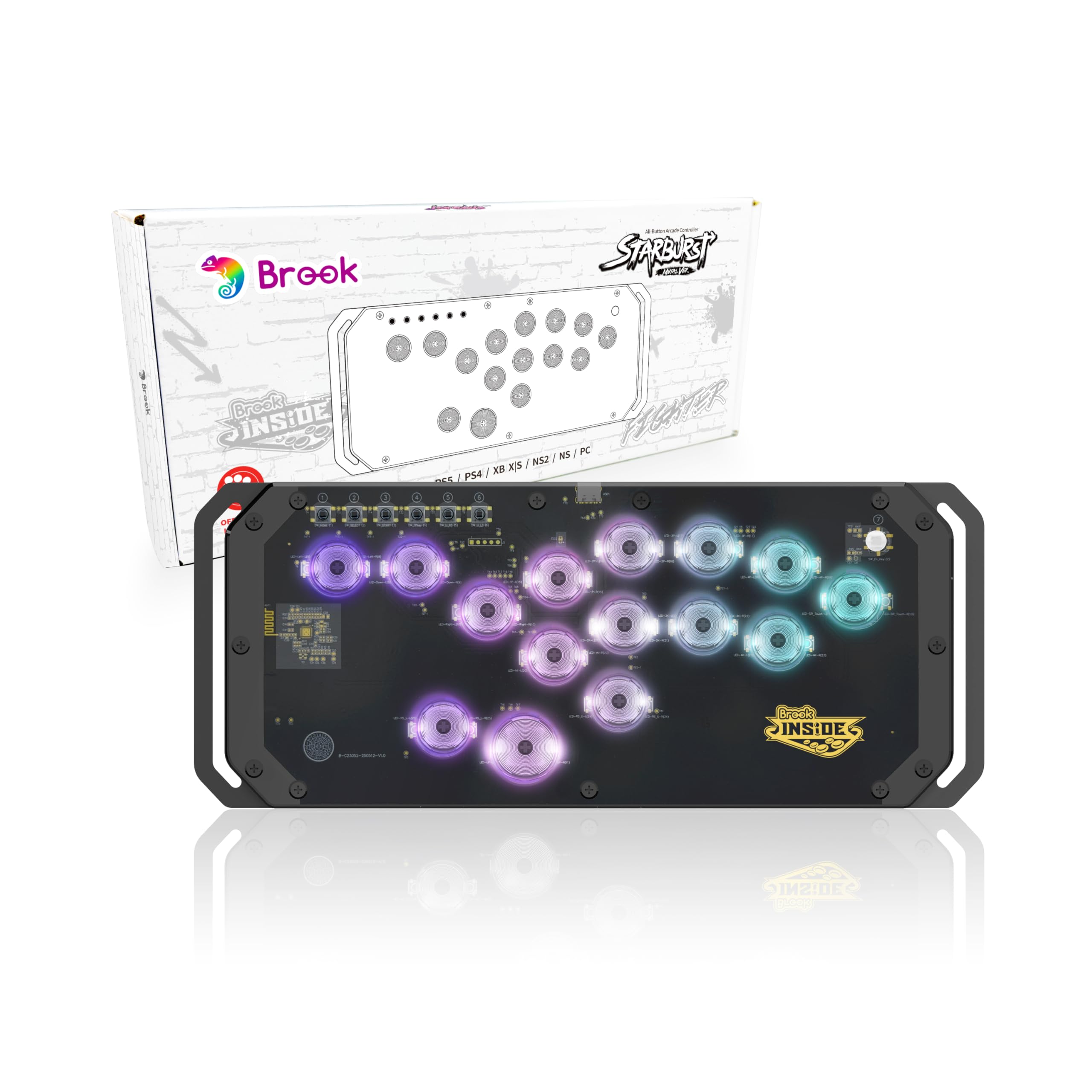 Brook Fighter Starburst Metal Ver. All-Button Arcade Controller for PS5, PS4, Xbox Series X|S, NS, NS2 & PC, Metal Side Handles, Hot-Swappable Switches, RGB Lighting, Officially Licensed (Noir)