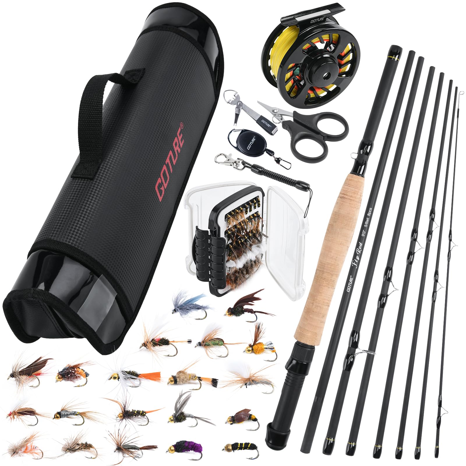 Goture フライロッド カーボンロッド 釣り具セット フライリール 釣糸付き ラインカッター 80枚ドライフライ フライフィッシングロッド 釣り竿 カーボン製 超軽量 持ち運び便利 収納バッグ付き Amazon | ゴチュール フライロッド カーボンロッド 釣り具セット