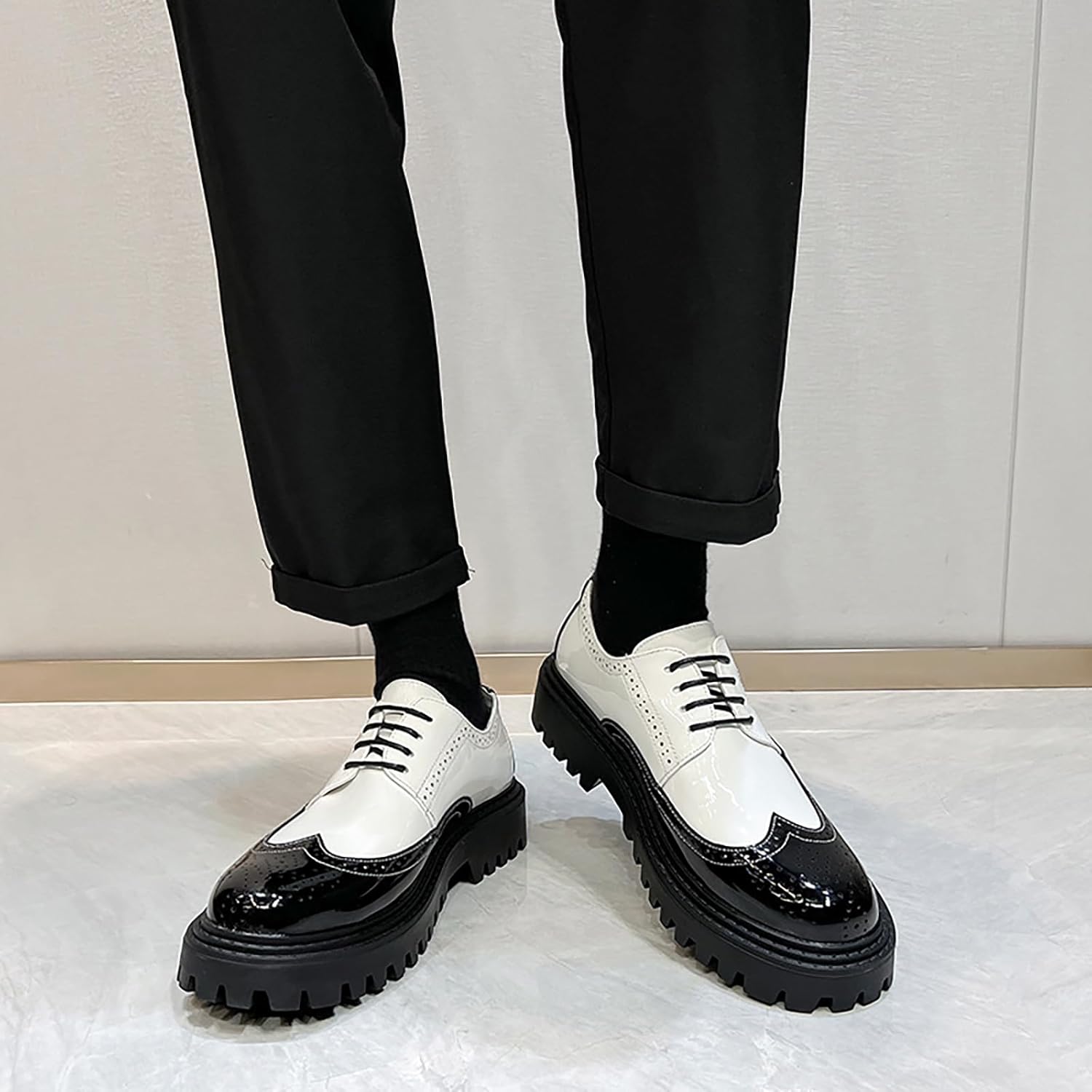 Men's Leather Lace up Platform Brogue Formal Oxford Shoes,Retro Lace up Color Matching Perforation Comfortable Round Toe Outdoor Party Wedding Night Club Height Increasing Loafers - Image 6