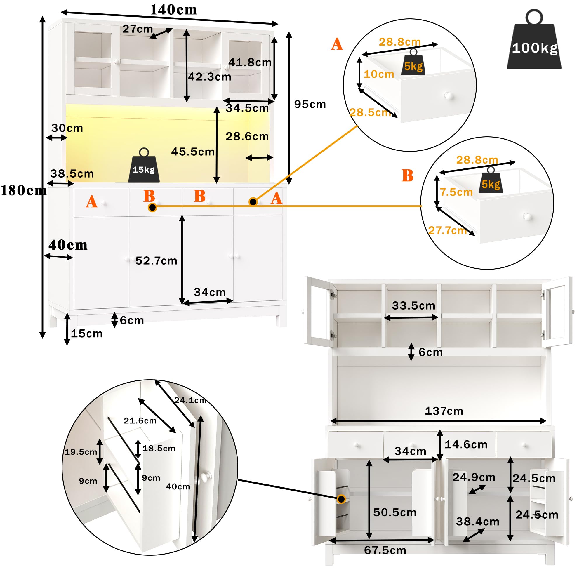 Szafa bufetowa 140 x 38,5 x 180 cm z sterowaną aplikacją RGB LED, szklane drzwi i 4 szuflady, regulowane półki, wygląd naturalnego drewna, obciążenie do 100 kg