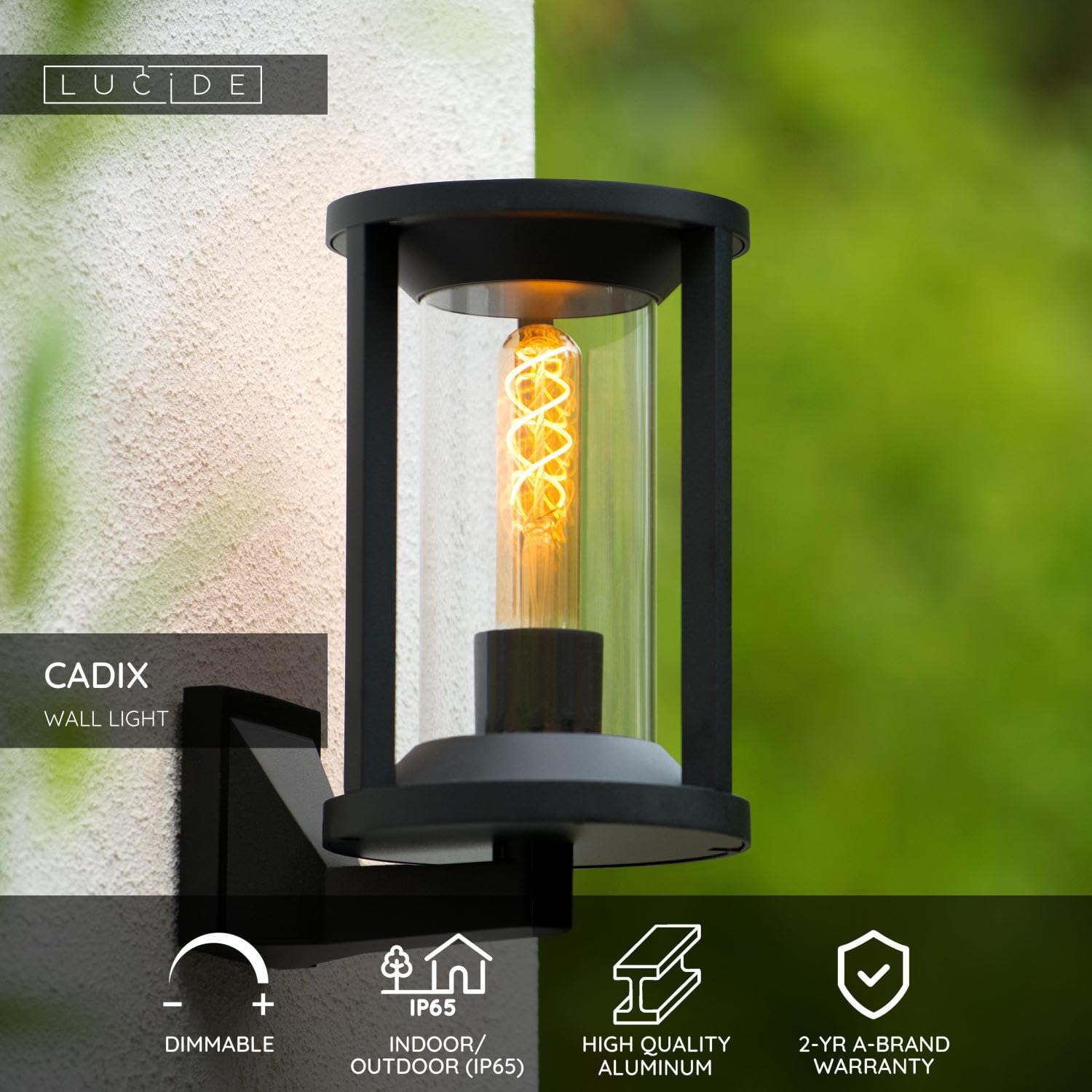 LUCIDE CADIX - Wandleuchte Innen/Außen - 1xE27 - IP65 - Schwarz