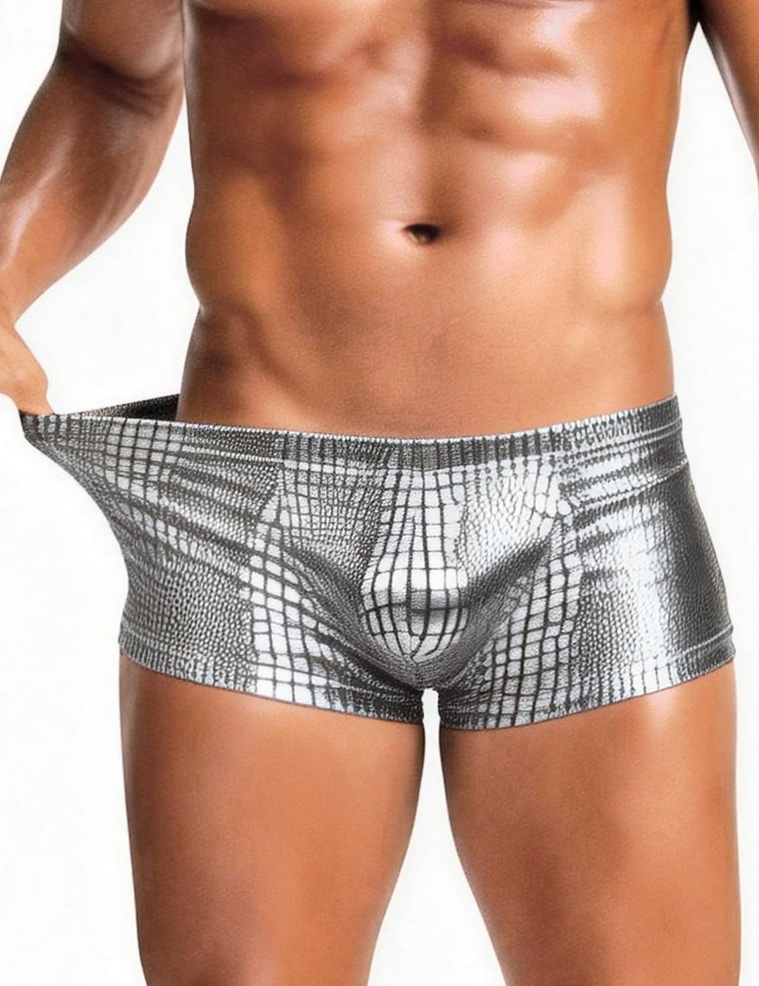 ohyeahlady Boxer Uomo Sexy Elasticizzati Pelle PU Biancheria Intima a Vita Bassa con Tasca a U, Tessuto Lucido Effetto Coccodrillo Confortevole e Resistente