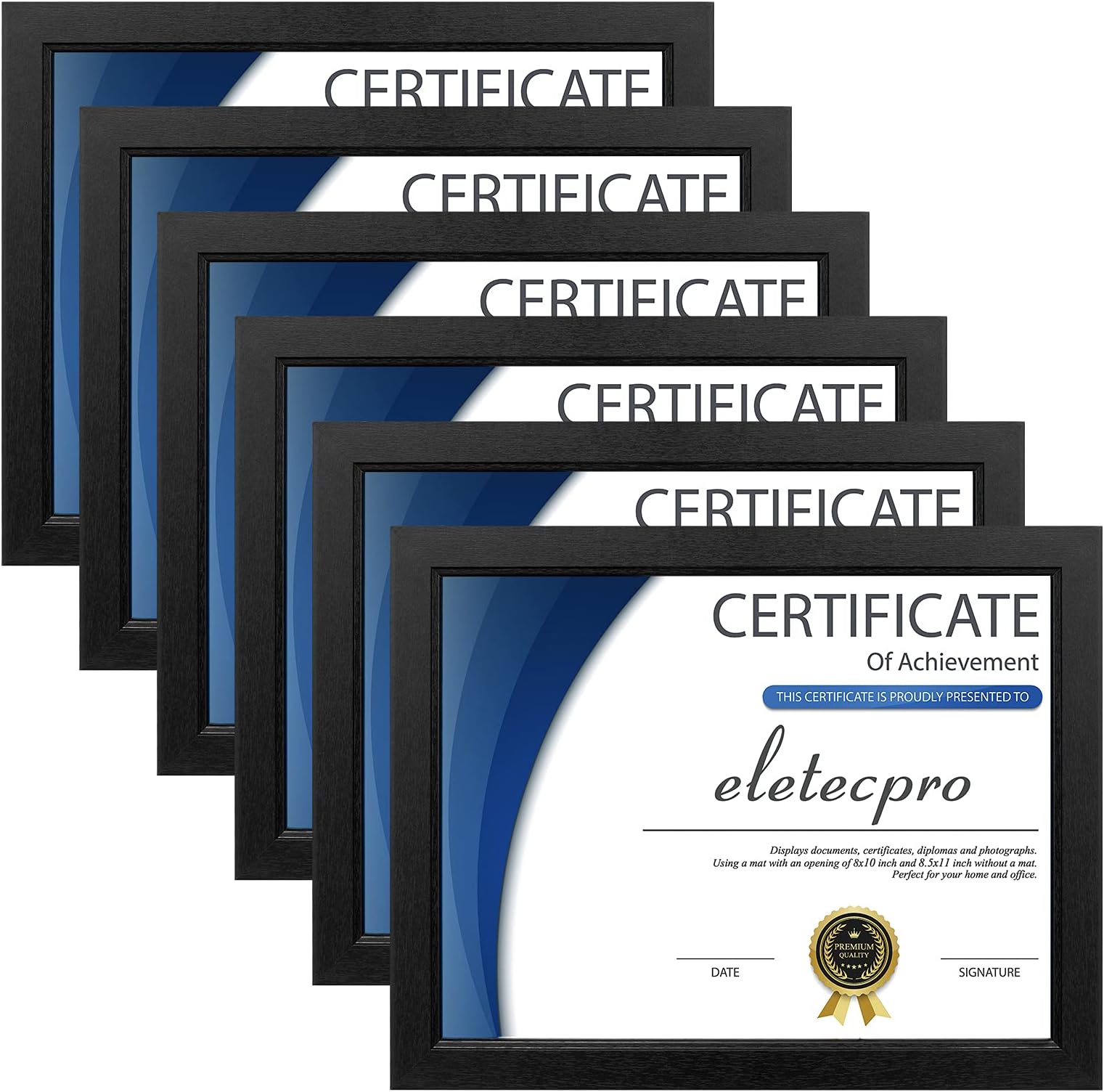 eletecpro8.5x11 Diploma Frame Set of 6, High Definition Glass - Display Pictures 6x8 with Mat and 8.5x11 without Mat for Tabletop or Wall Decor, Black
