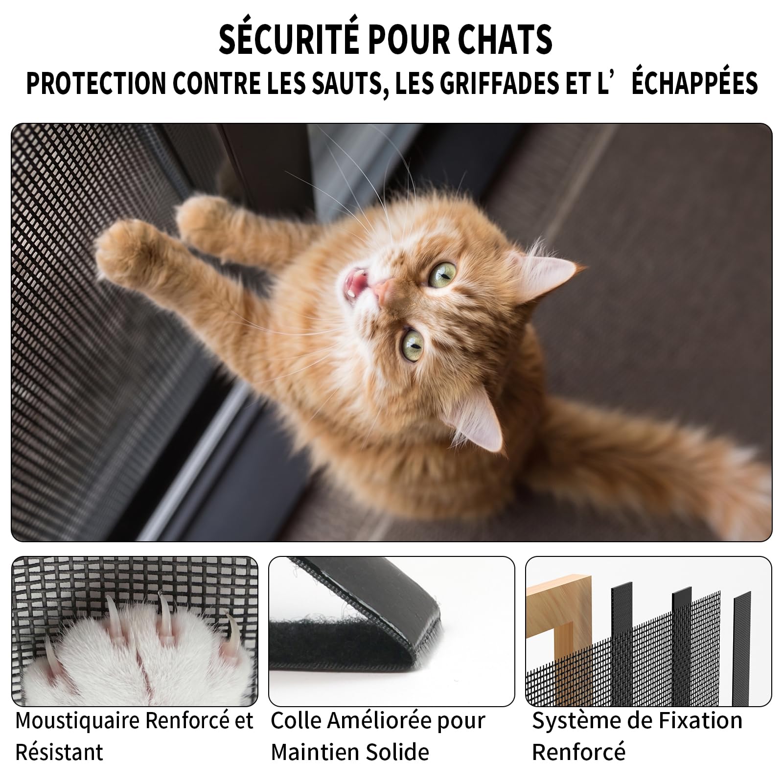 BKSAI Moustiquaire Chat Fenêtre Renforcé Résistant à Griffe Chats, Filet Chat Fenetre Sécurité avec Bande Auto-Adhésive Sans Perçage pour Protection Animaux Domestiques, Anti-Moustique 130*150cm Noir