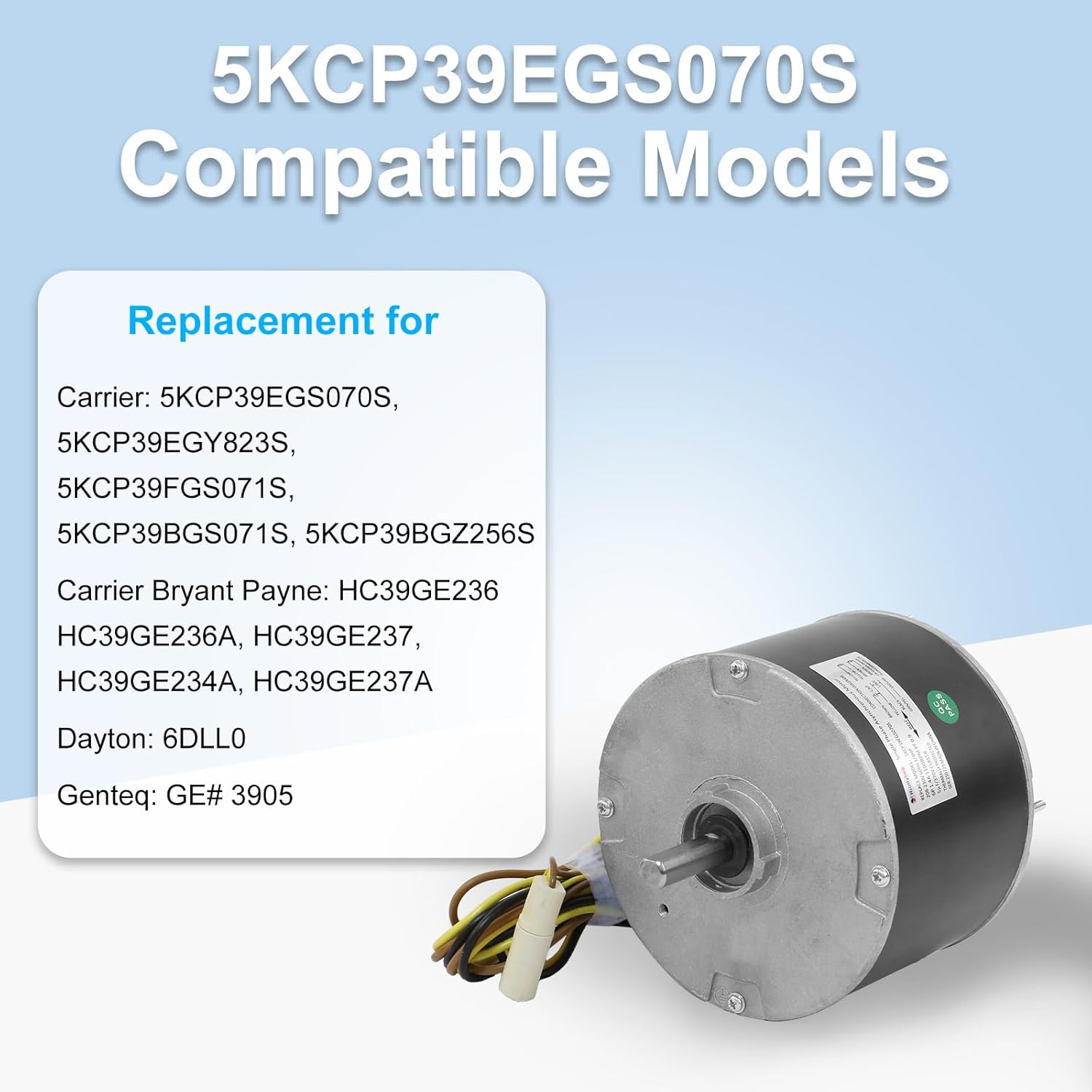 5KCP39EGS070S Condenser Fan Motor, 1/4 HP 1100 RPM 208-230V Compatible with Carrier # 5KCP39EGY823S HC39GE237 Genteq GE3905 Dayton 6DLL0, Bryant Payne HC39GE234A etc AC/Air Conditioner,with Capacitor