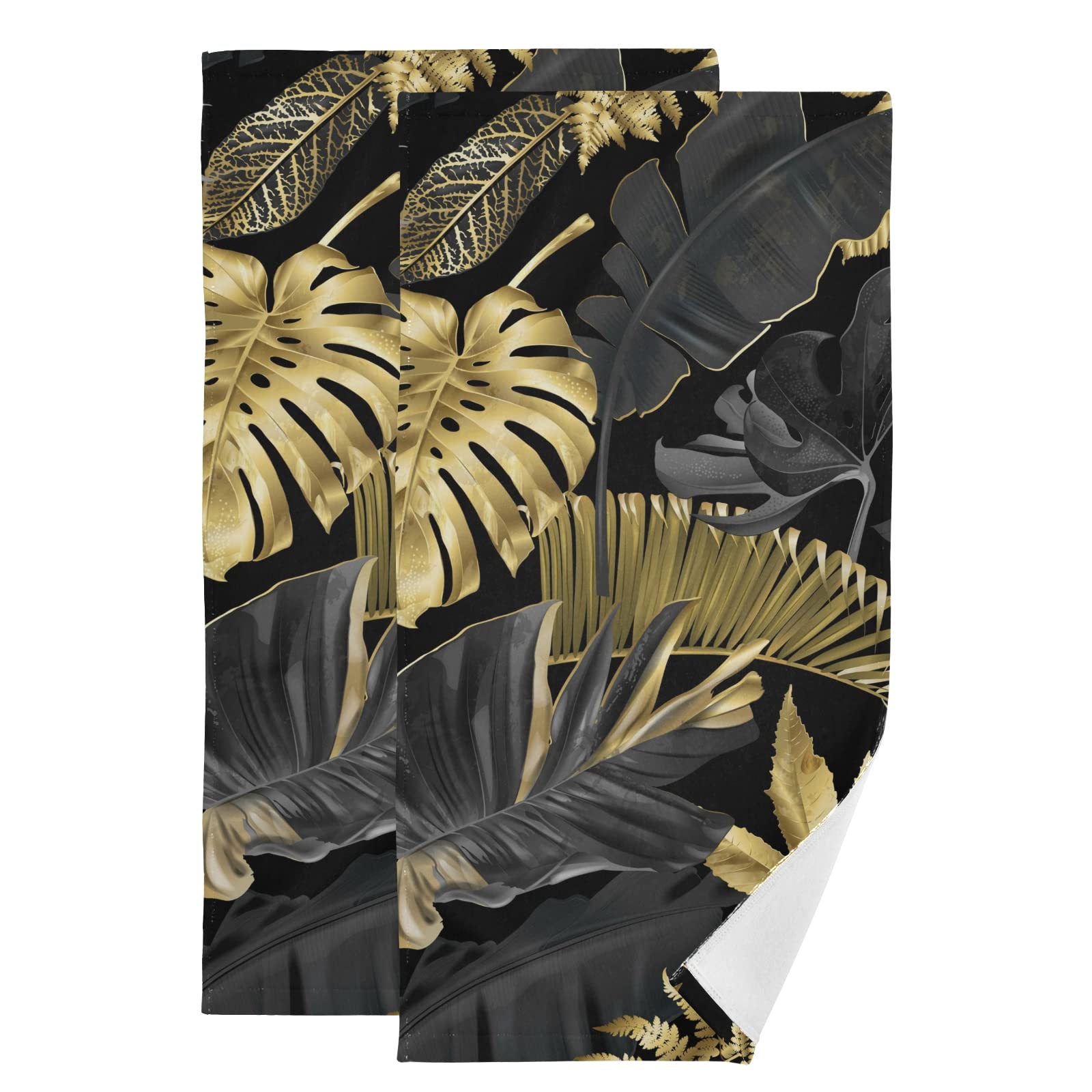 Puxuqu Multicoloured Hand Towel Pack Of 2, Golden And Black Tropical Leaves Face Towel For Bathroom Kitchen Hotel Beach Travel