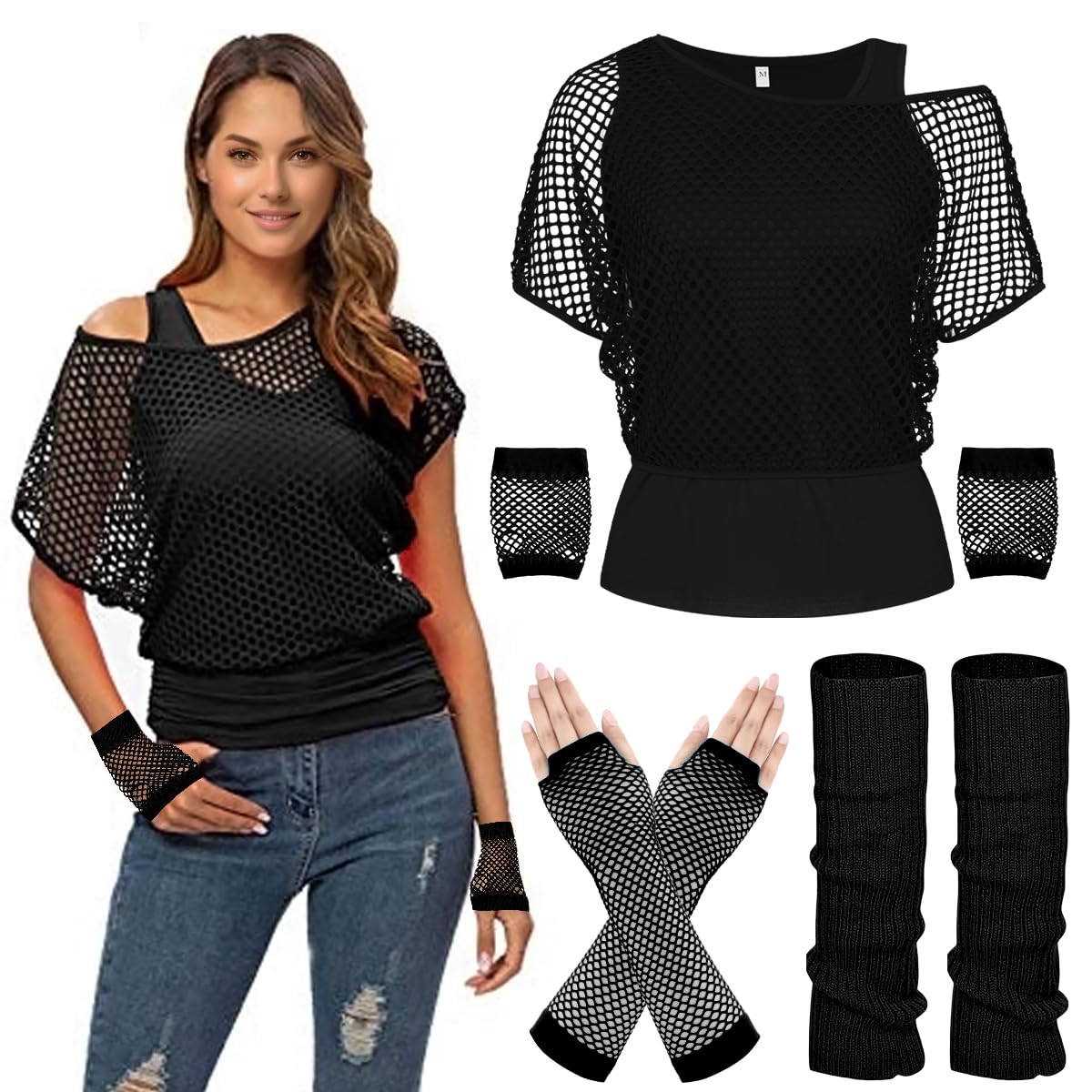 80s Fancy Fishnet Top for Women, Tank Top, Leg Warmers, Gloves, 1980s Costumes Neon Off Shoulder Mesh T-Shirt Accessories Retro Theme Party Cosplay