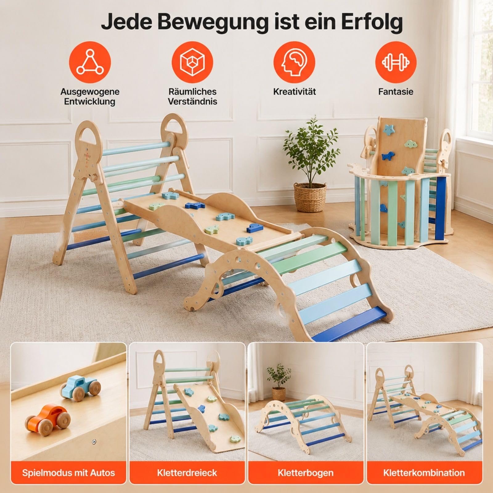Kletterdreieck, 9-in-1 Kletterspielzeug, mit Holzautos, Kissen, Kletterdreieck, Rutsche & Kletterbogen, bis 68 kg, Montessori Indoor Spielset für Kinder im Alter von 1 bis 3 Jahren, Blau