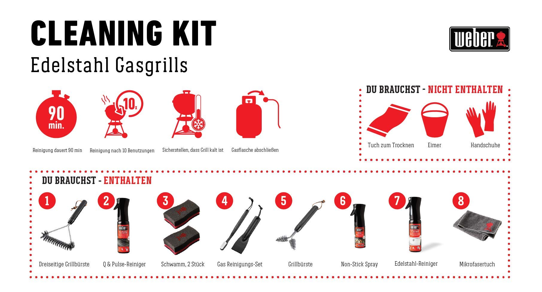 Weber 17892 - Set di pulizia per barbecue a gas in acciaio inox, 8 pezzi, composto da spazzola per barbecue, spugna, 2 detergenti, spazzola per insetti, panno in microfibra e spray antiaderente
