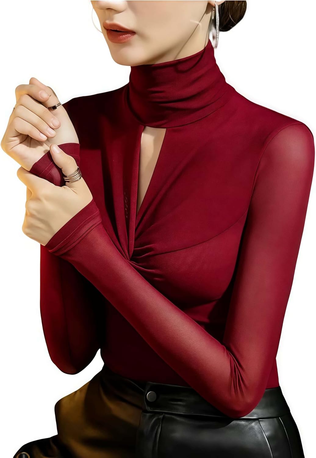 Women's Sexy Autumn Slim Fitting Long Sleeved Turtleneck Pullover Bottom Shirt Mesh Lace Perspectives T-Shirt Top. - Image 4