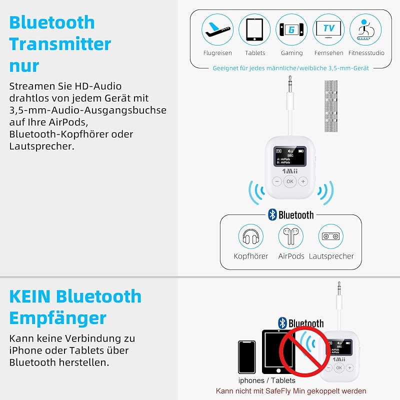 1Mii SafeFly Min Bluetooth 5.3 Adó Fejhallgatókhoz - Kettős Csatlakozás, OLED Kijelző, 25 Órás Üzemidő, AptX Alacsony Késleltetés, Repülőgép