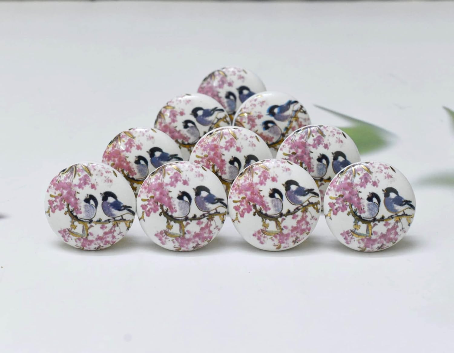 Printed Ceramic Knobs - Set of 10 Bird Print Ceramic Knobs for Kitchen Cabinet Drawer | Decorative Cupboard Door & Wardrobe Drawer Pulls Furniture Hardware Handle (1.5-inch Diameter) (Pink)