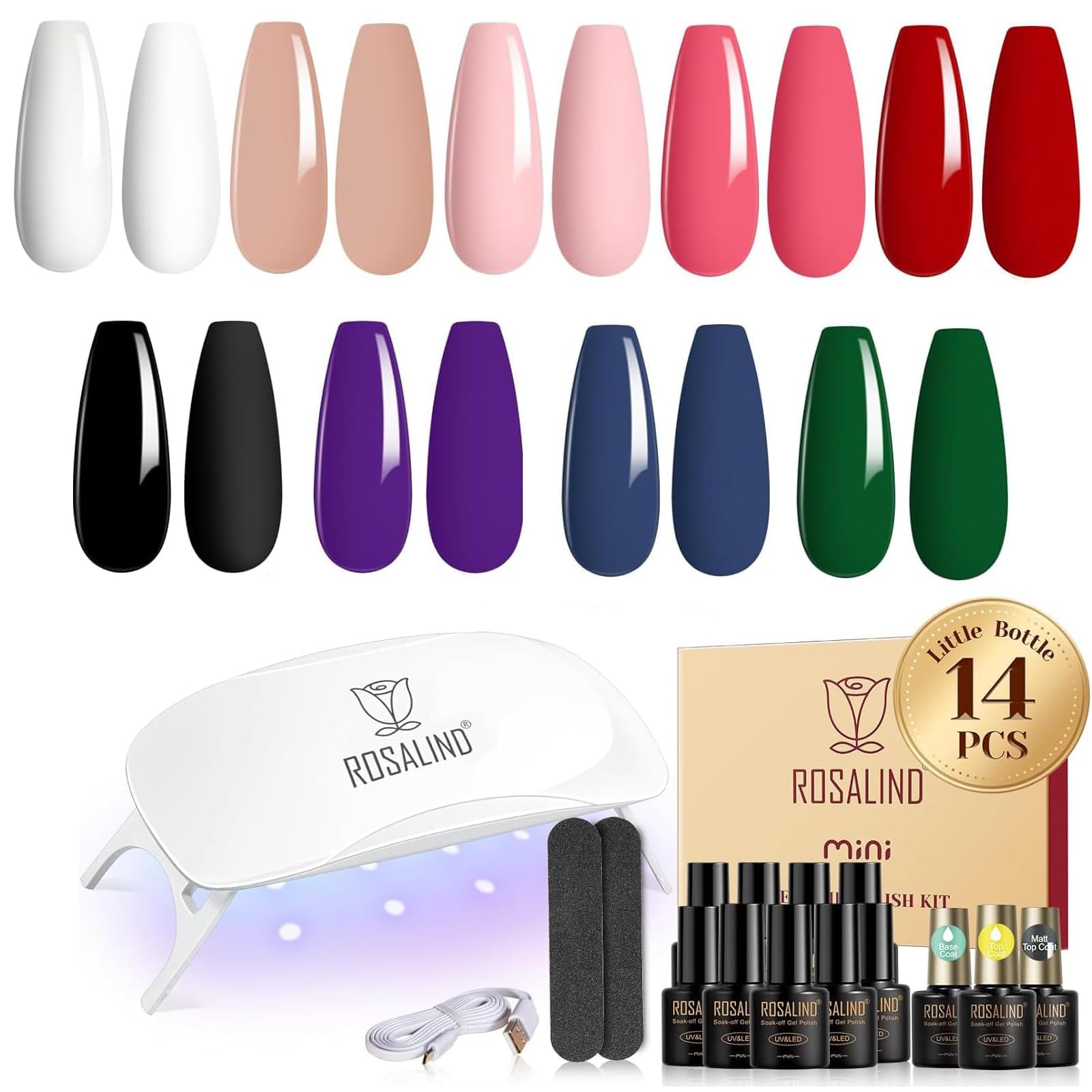ROSALIND Kit Uñas Semipermanentes con UV LED Lámpara, Mini 14PCS Esmaltes Semipermanentes Kit de Inicio, 9 Colores Negro Blanco Rojo Rosa Verde Morado Soak off Pintauñas Semipermanentes