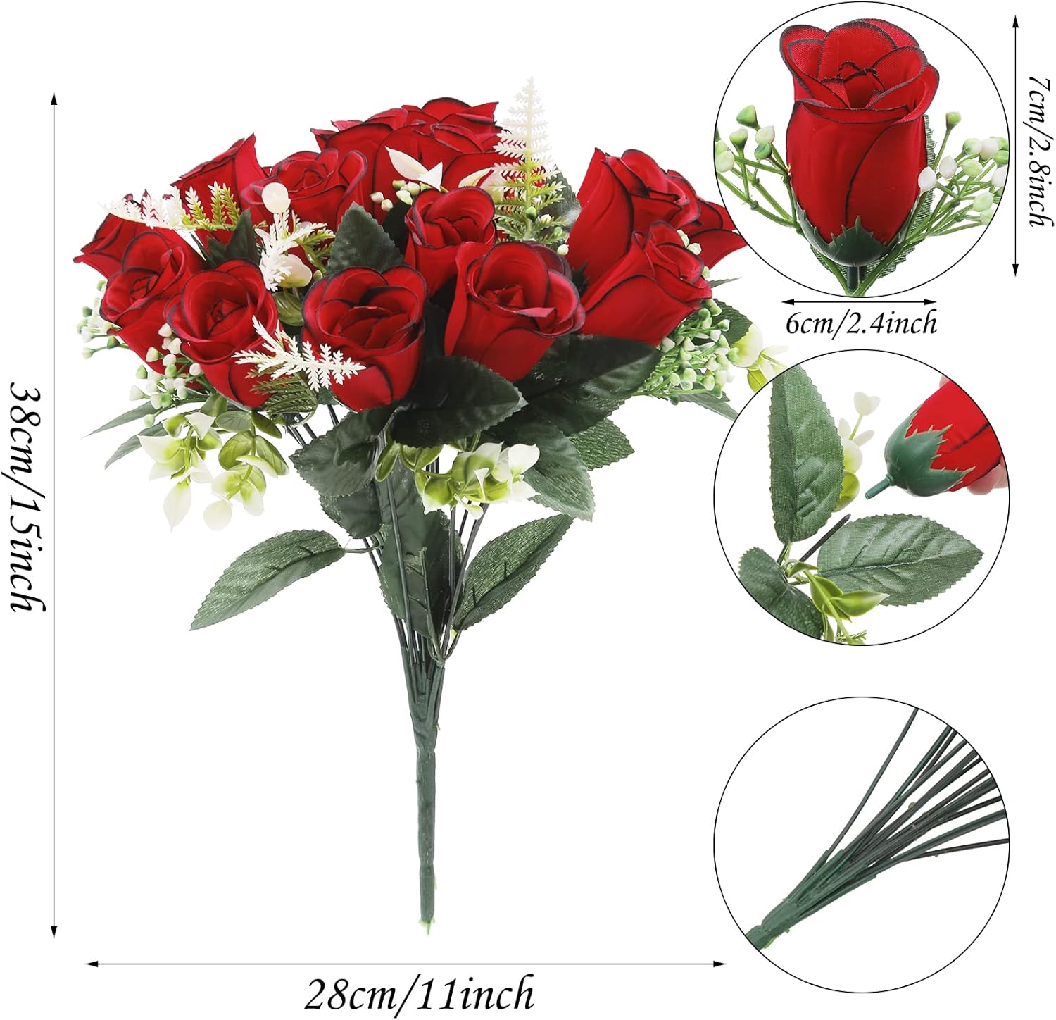 U'Artlines 2Pcs Artificial Cemetery Flowers for Grave Silk Memorial Red Rose Flowers Outdoor Grave Flowers for Grave Vase Cemetery Flower Arrangements (Not Included Vase)