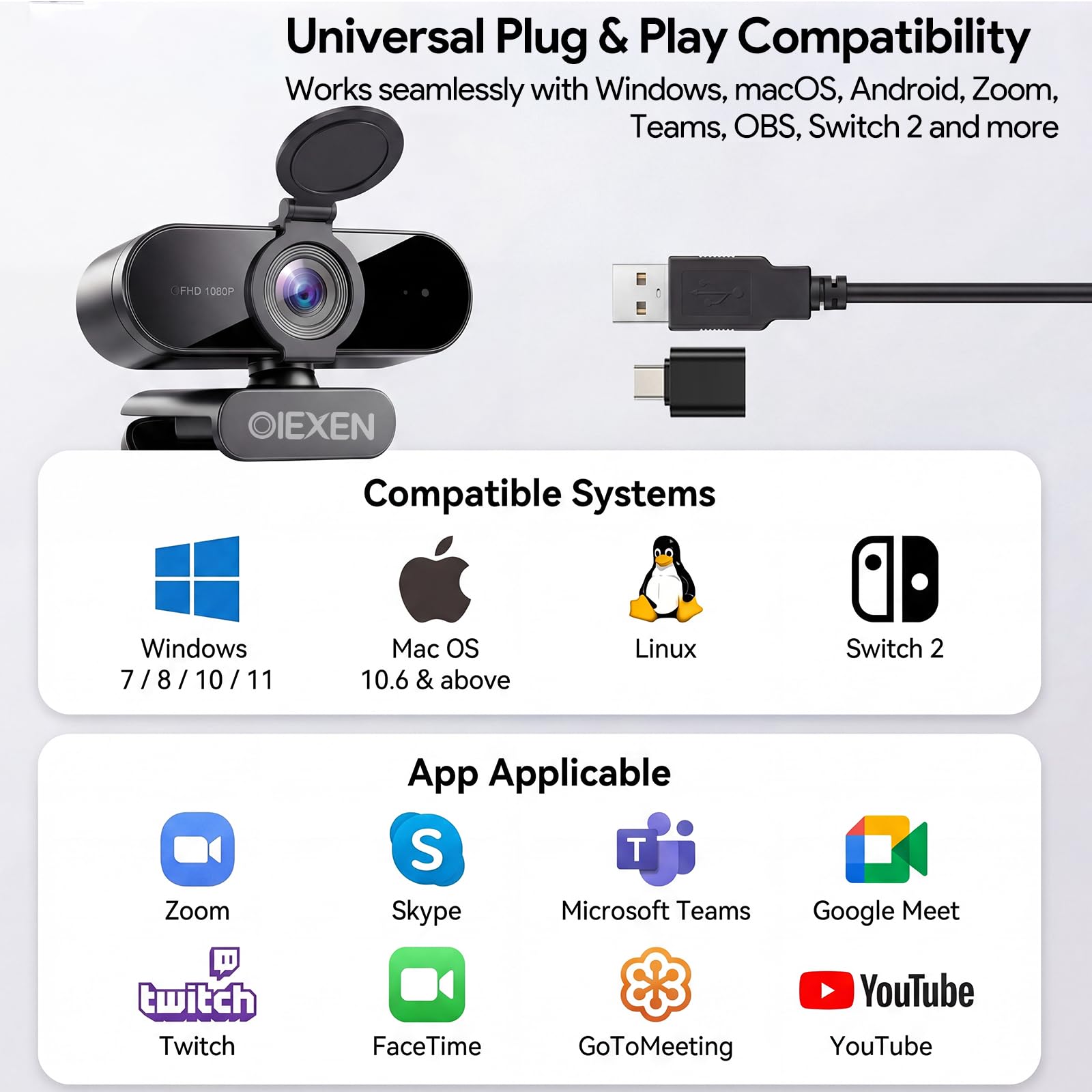 Webcam 1080P con microfono, esposizione automatica, FOV a 90°, copertura privacy, adattatore USB-A a C, telecamera per streaming plug & play per PC/Mac/Zoom/Team/Skype/riunioni/Switch 2