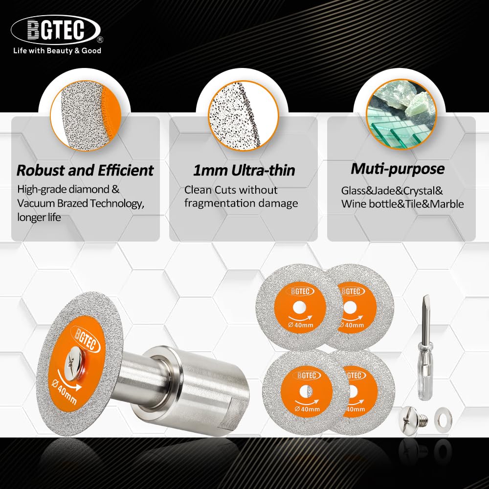 BGTEC Diamentowa tarcza do cięcia szkła – 5 sztuk 40 mm tarcza do cięcia szkła z kołnierzem gwintowanym M14 do szkła, jadeitu, kryształowej butelki wina, płytek
