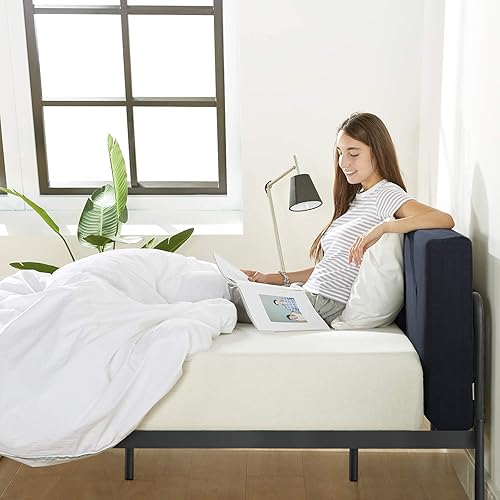 Miniatura 57 de Mellow Maggie - Cama de plataforma de metal con cabecera tapizada con cojín, listones de acero, fácil montaje, gris cielo, tamaño Queen Gris (Sky