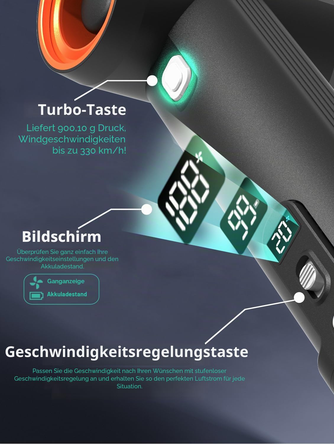 KiCA Auto Trockner Luftgebläse 785W 205MPH 54W Schnellladung 6x4000mAh Batterien Turbo-Trockner