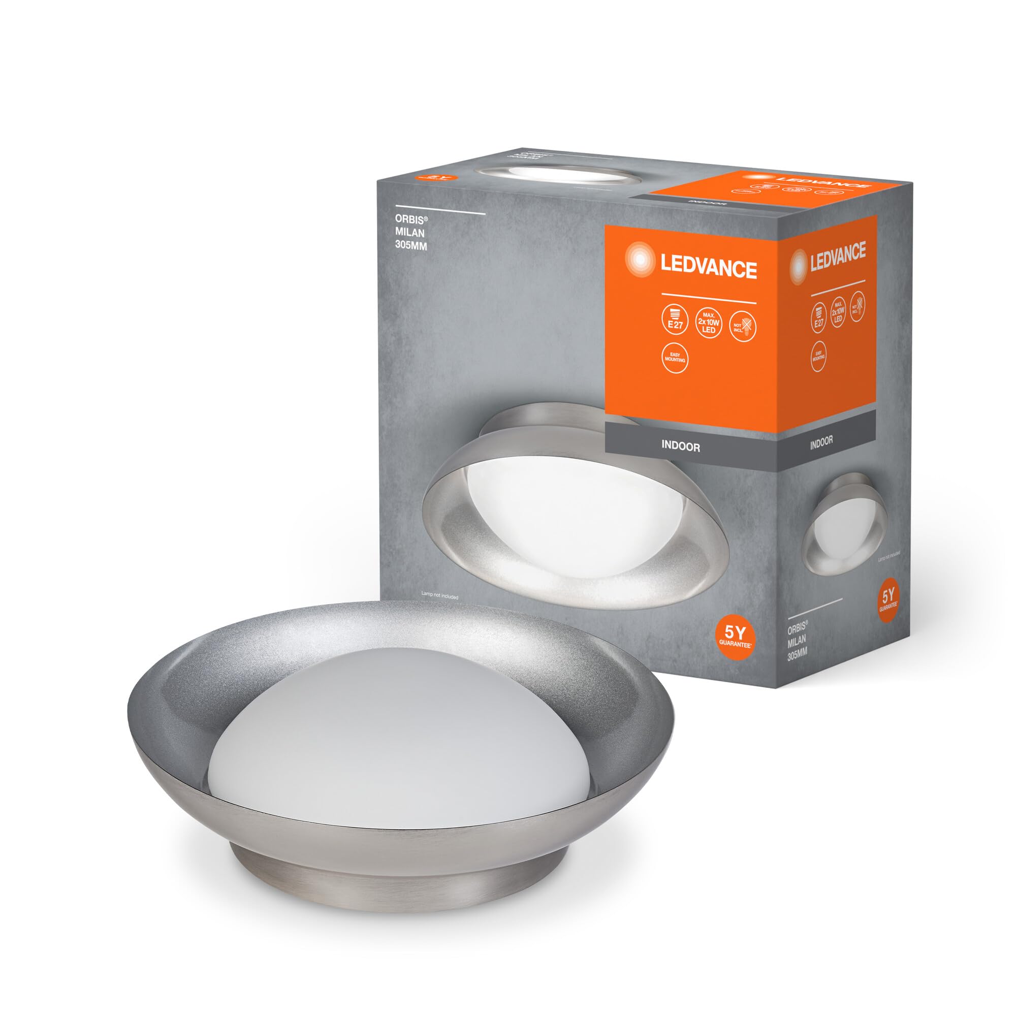 LEDVANCE Orbis Madrid Ceiling Light 305Mm, Nickel, 2Xe27 Base, Can Be Fitted with Smart Lamp, High Quality, Modern Design, Metal Housing, Suitable for Indoor Use, Round, Ip20