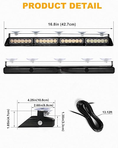 Miniatura 8 de HLAUTO 6Z4J Emergency Dash Strobe Lights 2x16.8 inch Amber White Safety Lights, 48 LED Flashing Warning Hazard Interior Windshield Visor Traffic