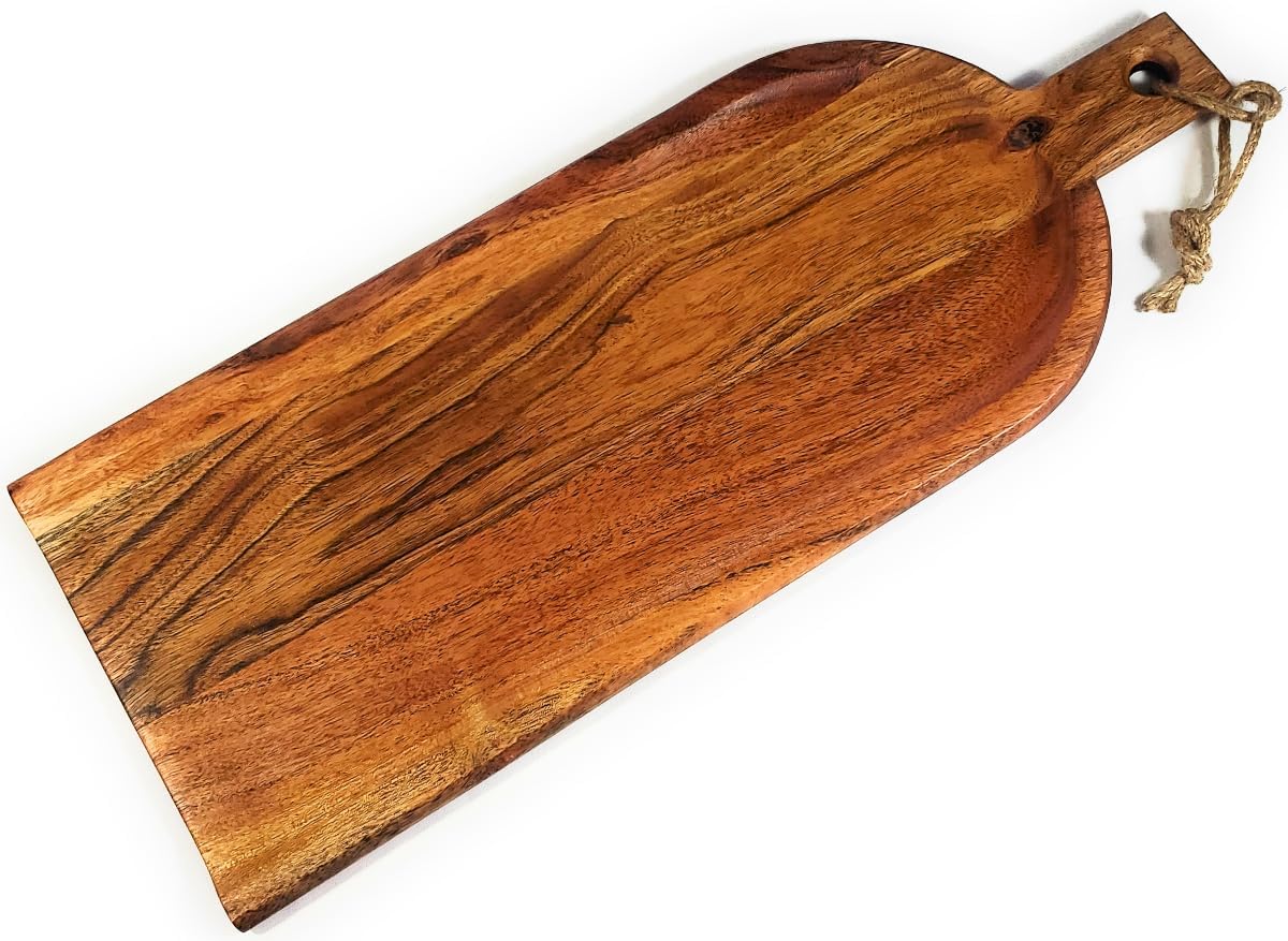 Acacia Charcuterie Board with Drip Edge & Handle - Wood Cheese Board - Decorative Wooden Serving & Cutting Board - Housewarming, Mothers Day, New Home & Wedding Gifts (20” x 8”) - Image 7