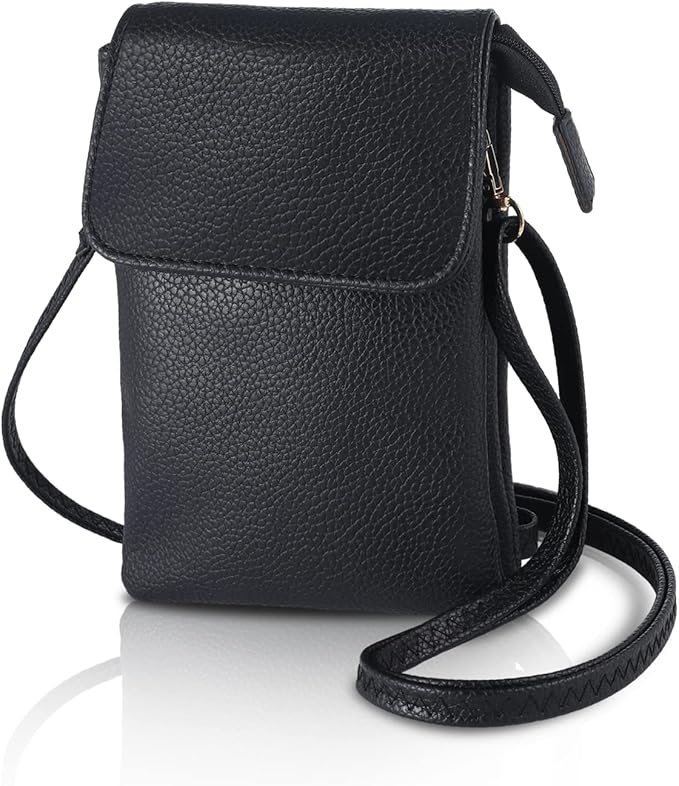 Firtink Leather Crossbody Phone Bag Black Phone Bag Small Cross Body Shoulder Bag 4 Layer Wallet