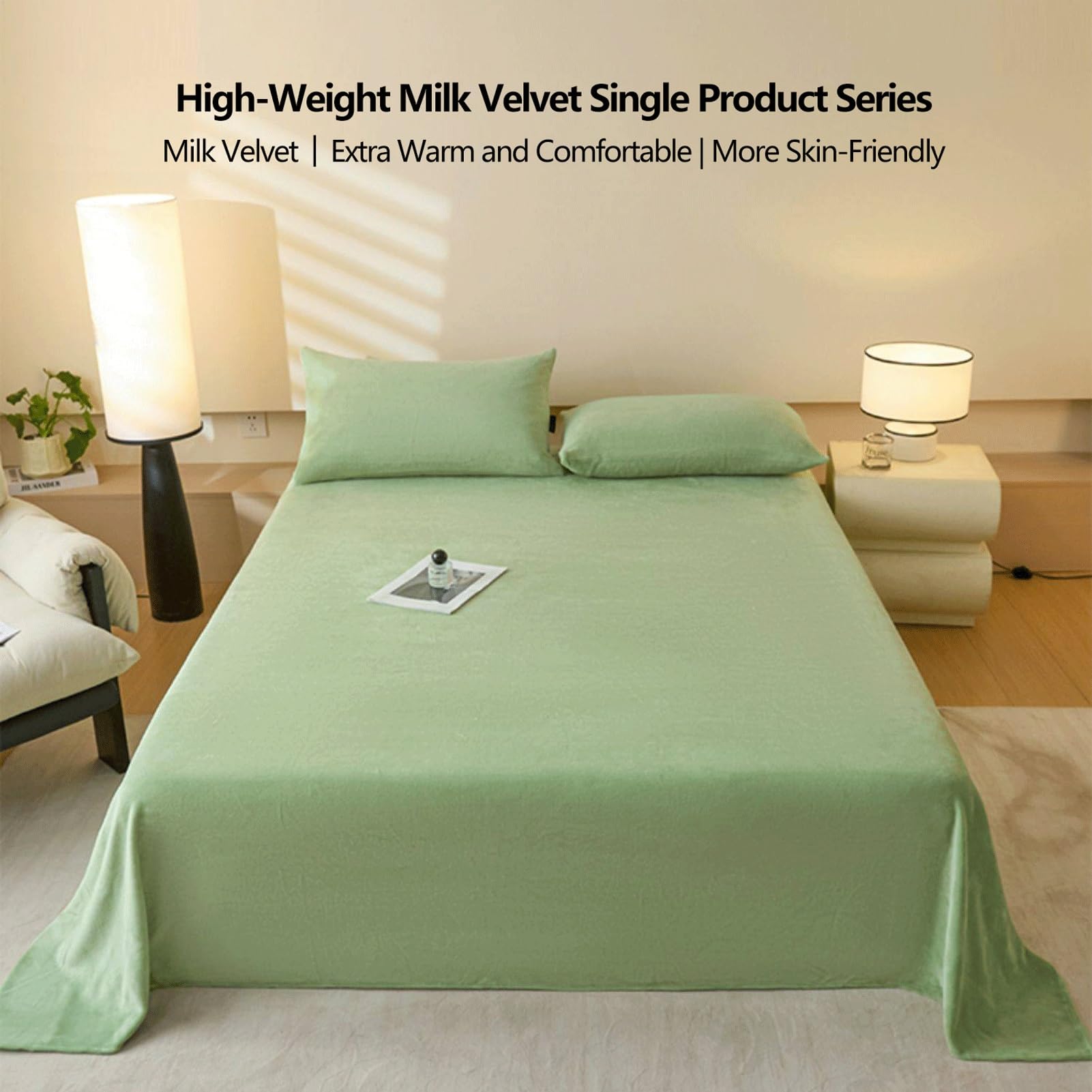 Winter Flanell Bettlaken 120x230cm bis 245x270cm Flauschige Warme Samt Betttuch Cashmere Touch Laken ohne Gummizug(Green A,245x250cm+48x74cm x2)