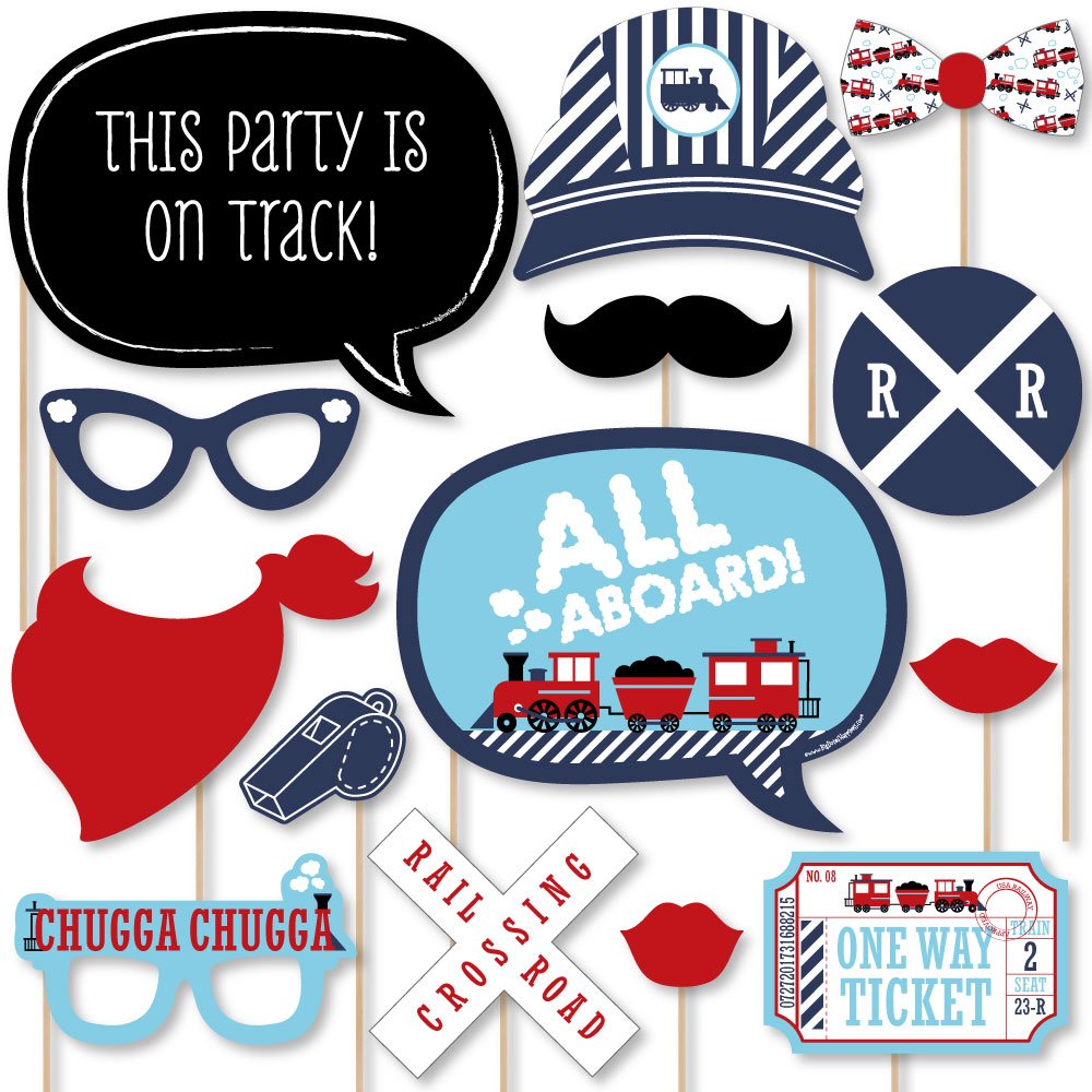 Big Dot of Happiness Railroad Party Crossing - Steam Train Birthday Party or Baby Shower Photo Booth Props Kit - 20 Count