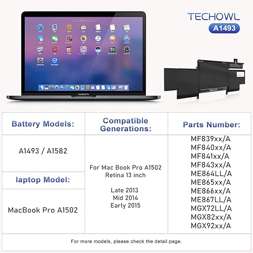 Miniatura 5 de Batería de repuesto A1502 para MacBook Pro (Retina, 13 pulgadas, principios de 2015/mediados de 2014/finales de 2013) Batería A1582 A1493 para