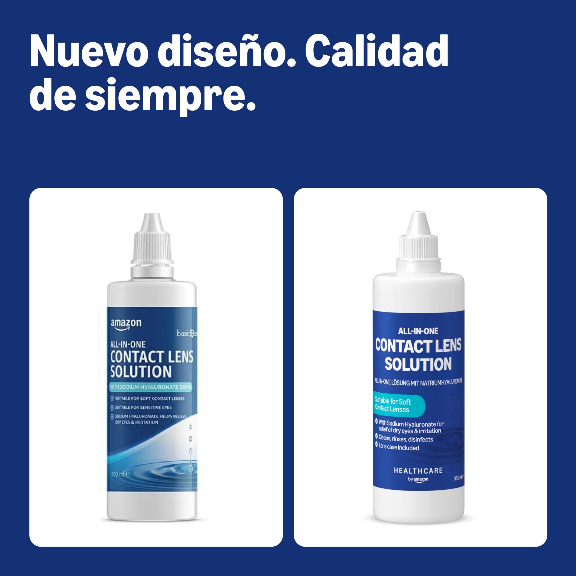 Healthcare by Amazon Solución única con hialuronato sódico para lentes de contacto blandas, 3 x 360ml, (anteriormente Amazon Basic Care, el embalaje puede variar)