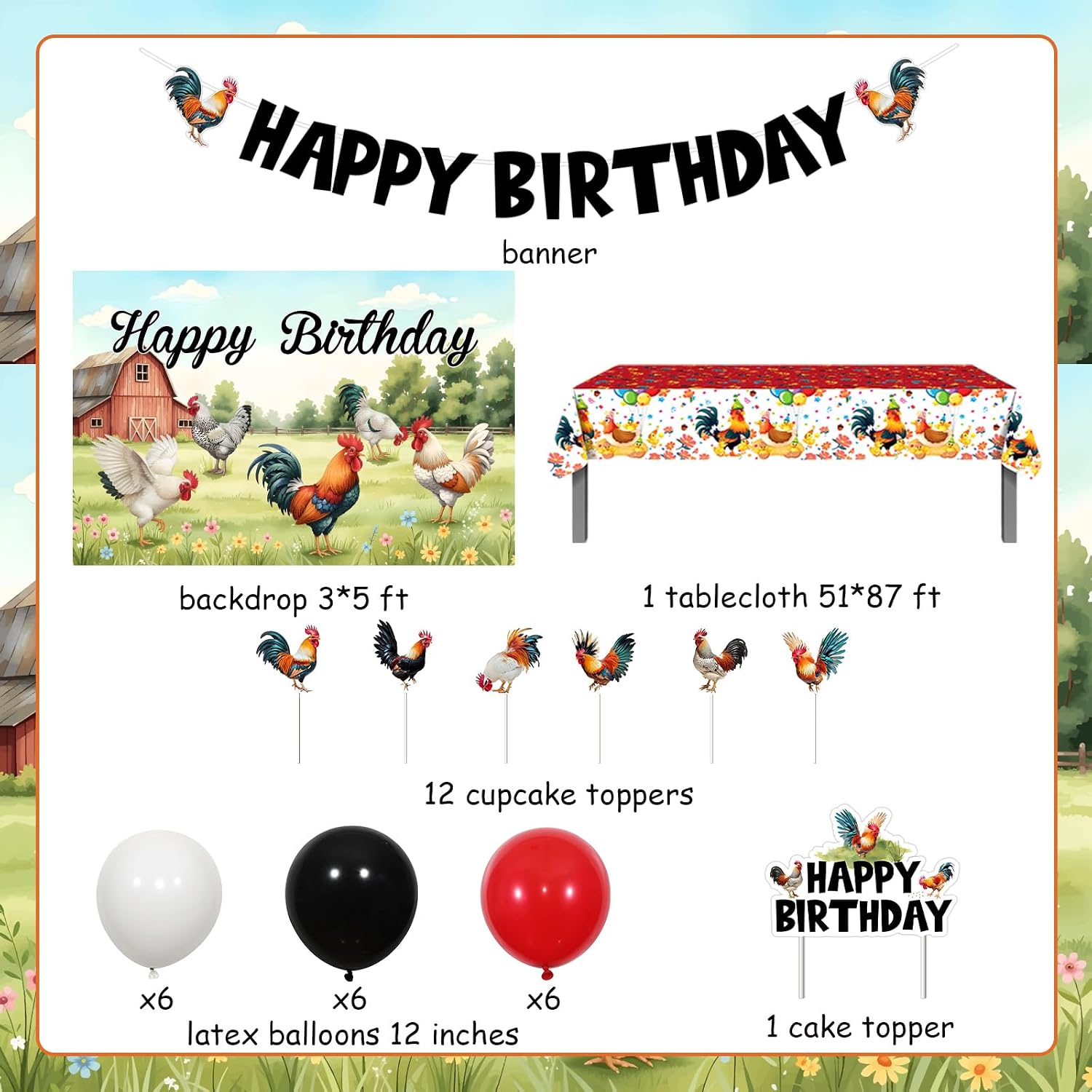 Rooster Birthday Decorations for Boys Girls, Rooster Happy Birthday Backdrop, Banner, Cake Topper Cupcake Toppers, Chicken Tablecloth, Farm Animal Chick Barnyard Theme Party Supplies
