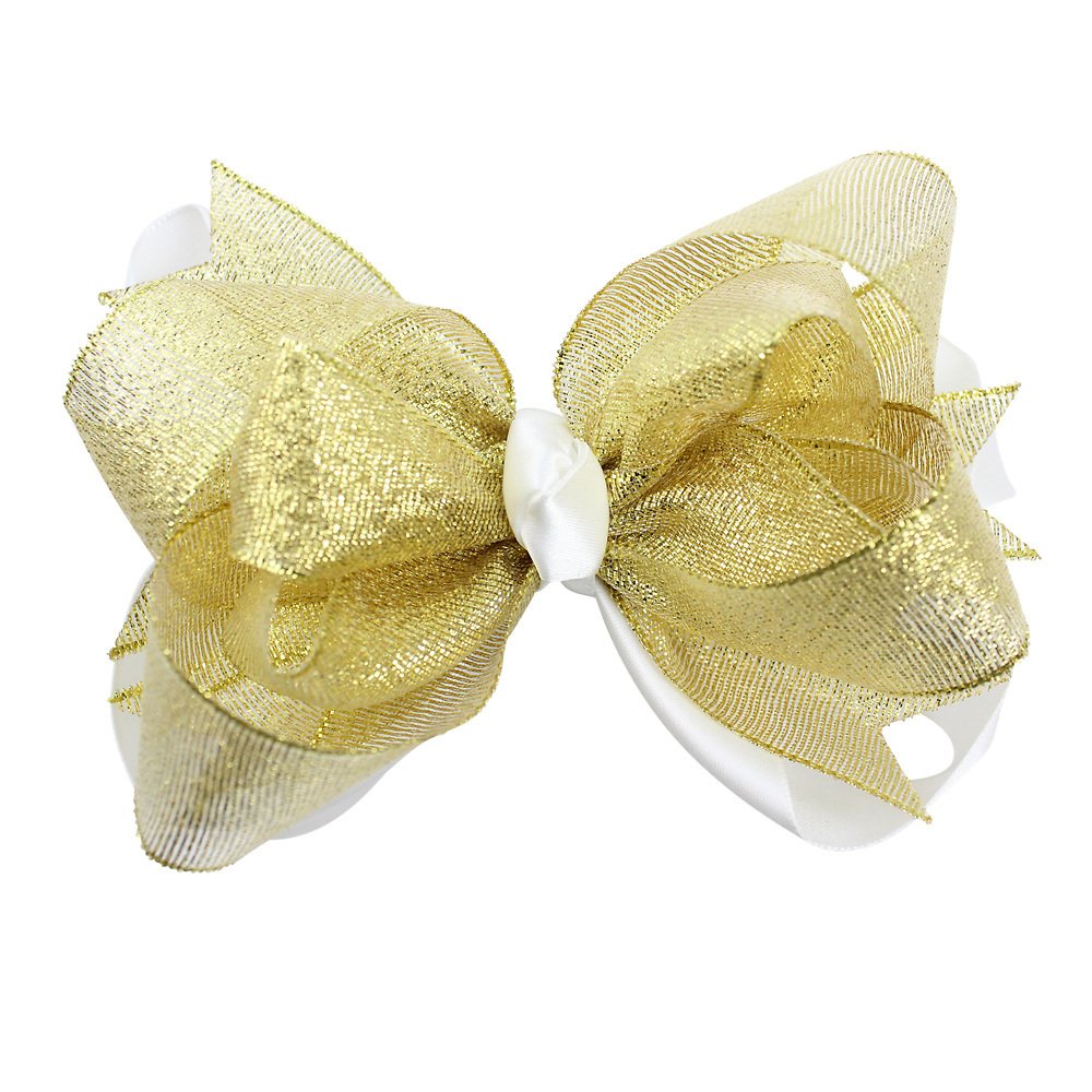juDanzy Large Gold and Cream Shimmer Hair Clip Bow for Girls, (Large) Gold Shimmer Bow