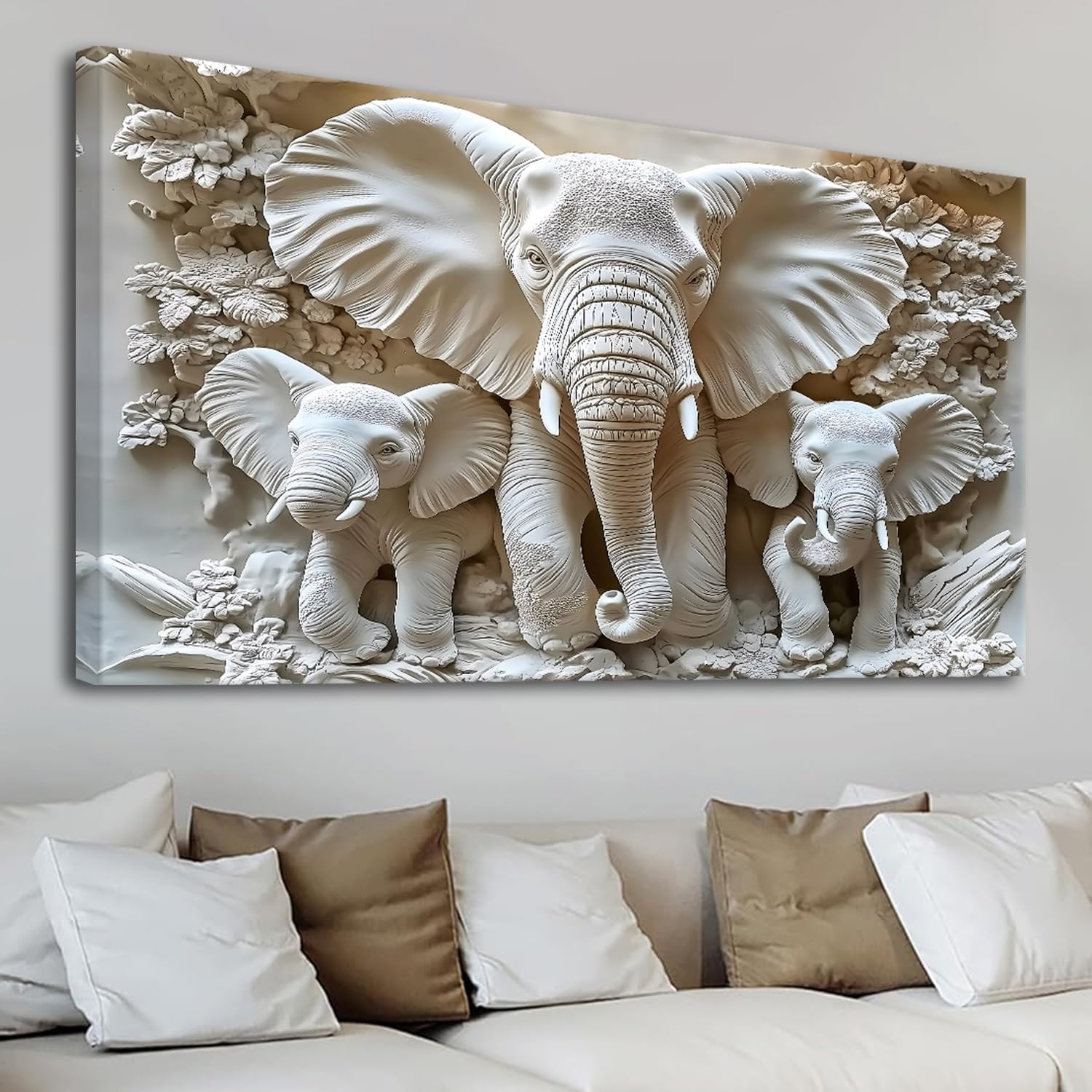 MooMel Large Framed Elephant Family Wall Art Canvas Wall Decor 29x58 Inch Abstract Nature Animal Landscape Wall Art for Living Room Bedroom Home Office Modern Wall Decor.
