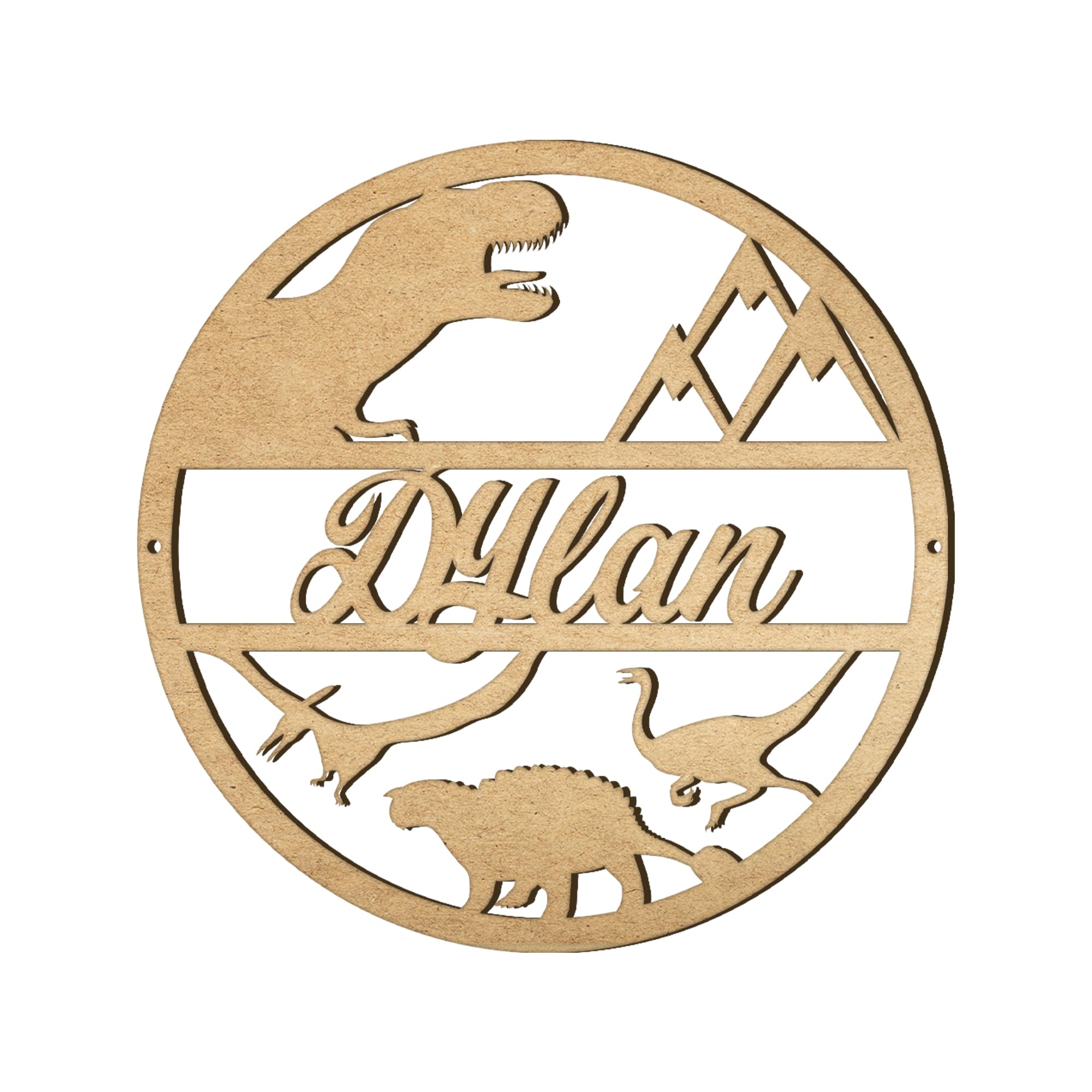 Print Maniacs Personalised Any name Hoop Dinosaur Custom Wood Colour Acrylic Wreath Circle Loop Baby Room Nursery Birthday Christmas Wedding Party Wall Decor Plaque (20cm, MDF)