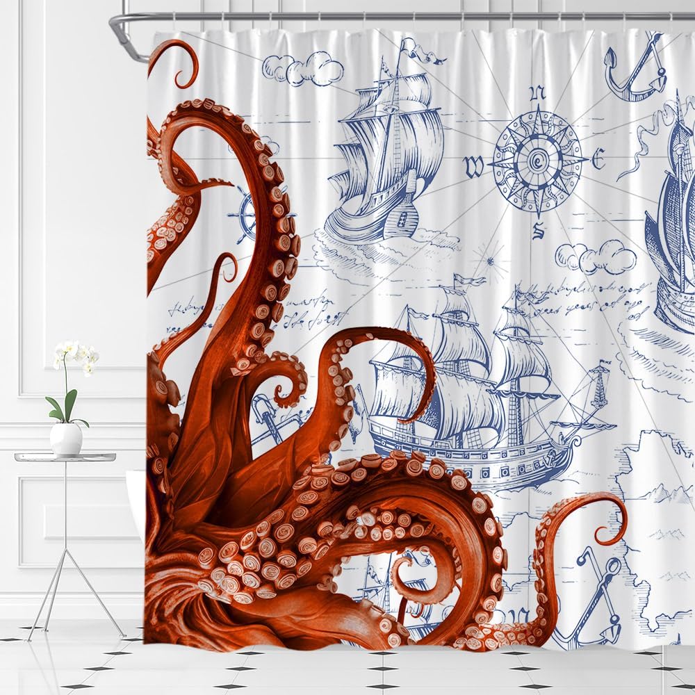 Nautical Octopus Shower Curtain Funny Ocean Kraken Orange Octopus Tentacle Coastal Pirate Map Bathroom Decor Polyester Fabric Set with Hooks,(70" Wx84 H)