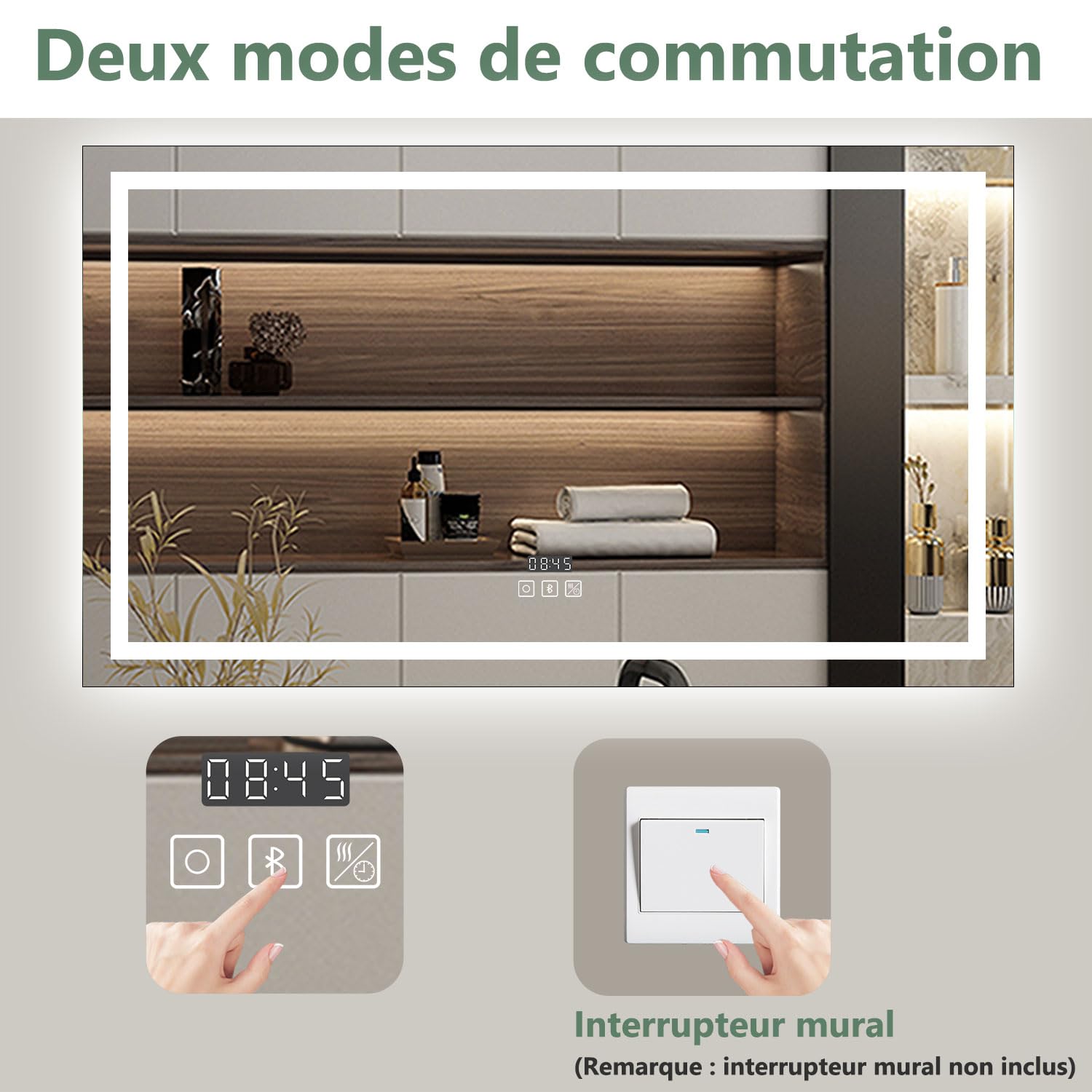AICA Miroir Salle de Bain 120 x 70cm, Bluetooth + 3 Couleurs + dimmable + Horloge + Anti-buée + mémoire, Miroir Lumineux LED