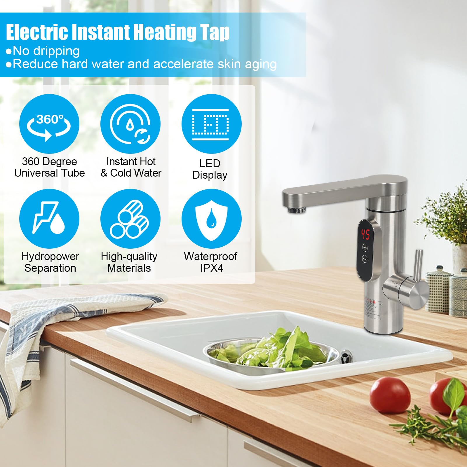 Instant Hot Water Tap, 3300W Electric Hot Water Faucet, Stainless Steel Electric Water Heater Tap, 360° Rotatable - Image 4