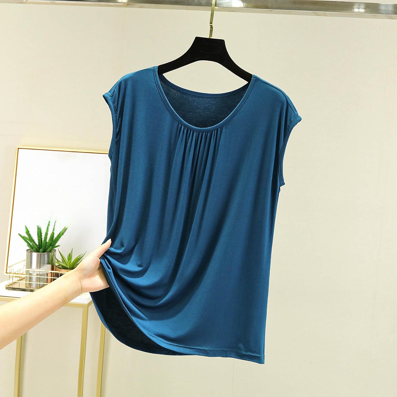 Sleep Shirts for Women Pajama Tops for Women Modal Round Neck Solid Color Pajamas Top Cap Sleeve Pleated Shirts