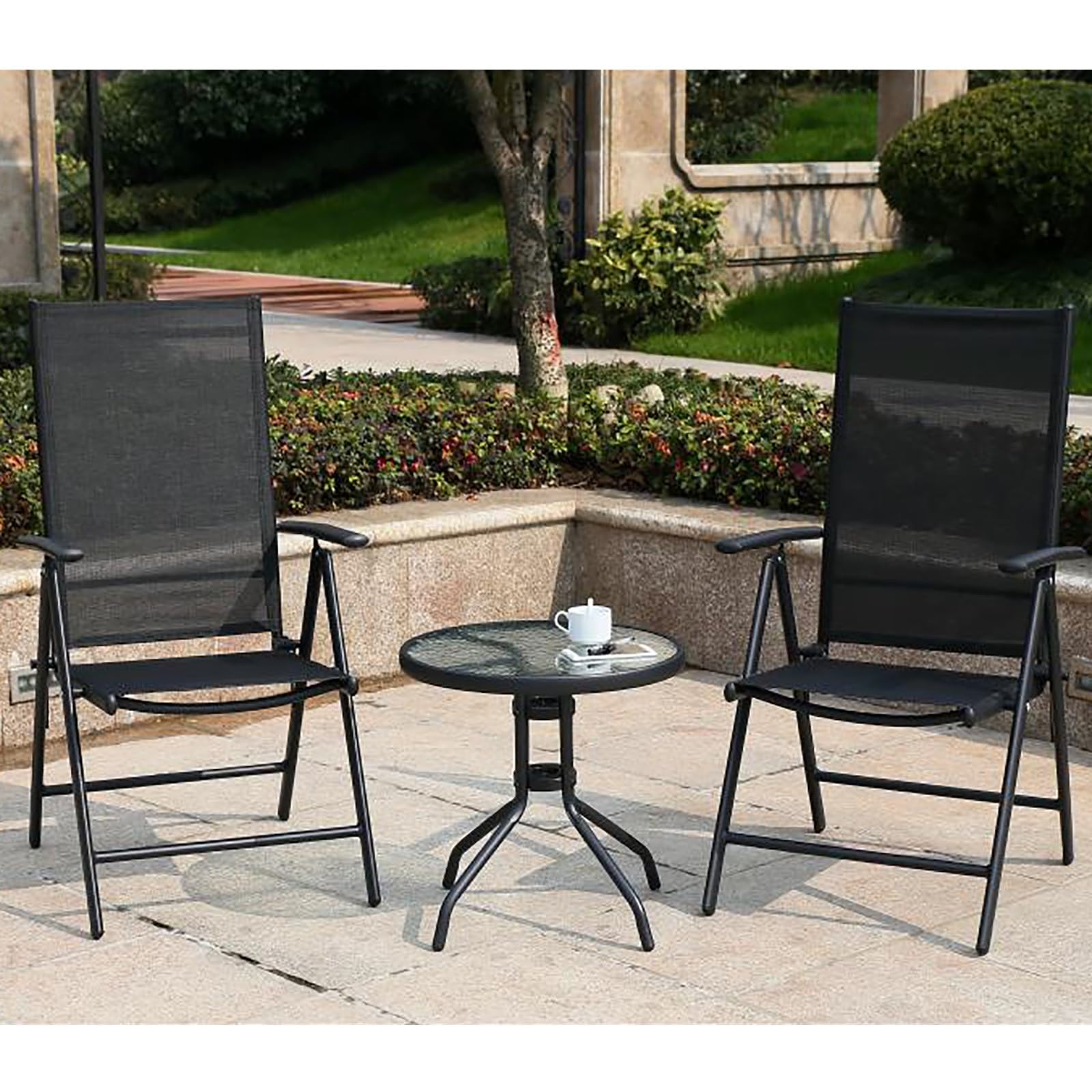 Tavolino Rotondo da Esterno, tavolino da caffè con Piano in Vetro temperato traslucido, comodino con Staffa per Tubo in Acciaio Addensato, Tavolo da Esterno per Piccoli spazi, Patio (Colore : Svart)