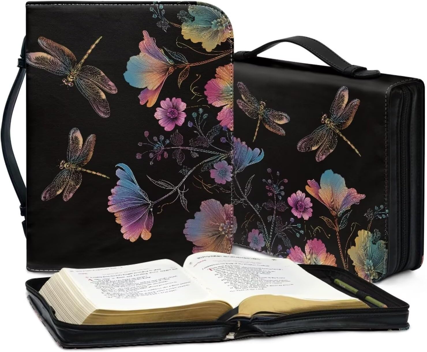 Leather Bible Protector, Flower Dragonfly Classic Prints Portable Handle Bible Protection Bag with Multi Inner Pockets Journal Bible Study Bag with Pen Slot for Women Men
