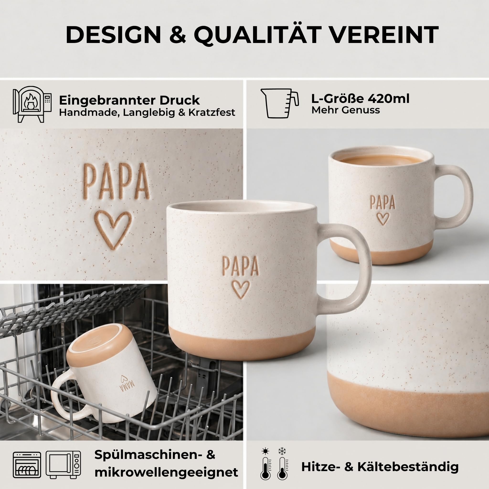 Steingut-Tassen Set MAMA und PAPA – 2x 420 ml – Keramik Kaffeetassen mit Herzmotiv – Beidseitiger Dekor-Druck – Spülmaschinen- & Mikrowellenfest – Geschenk für Mama und Papa