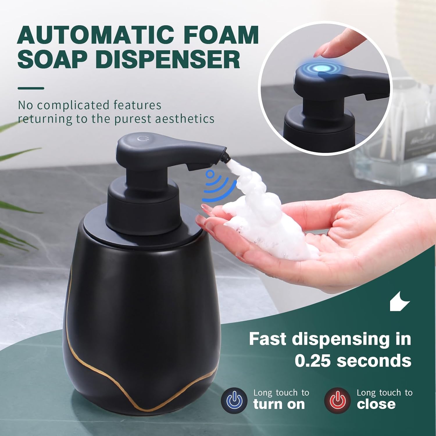 BosilunLife Automatic Foaming Soap Dispenser - Touchless Foam Hand Wash Dispenser for Bathroom Black Ceramic Smart Electric Auto Dish Soap Dispenser Waterproof, USB C Rechargeable, 17 oz/500 ml - Image 2