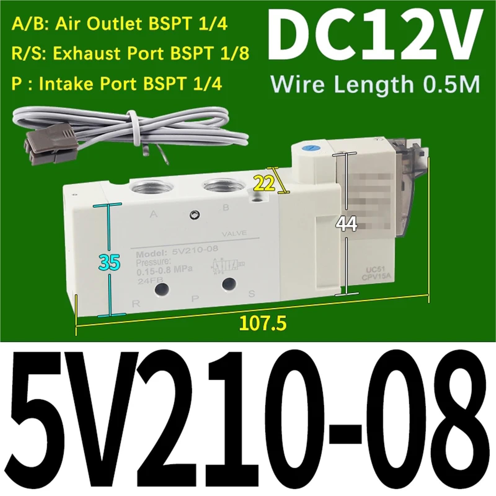 1 sztuk 5V110-06 5V210-08 5V220-06 5V230-08 DC12V DC24V AC220V pneumatyczny zawór elektryczny (5V210-08 DC12V, tylko zawor)