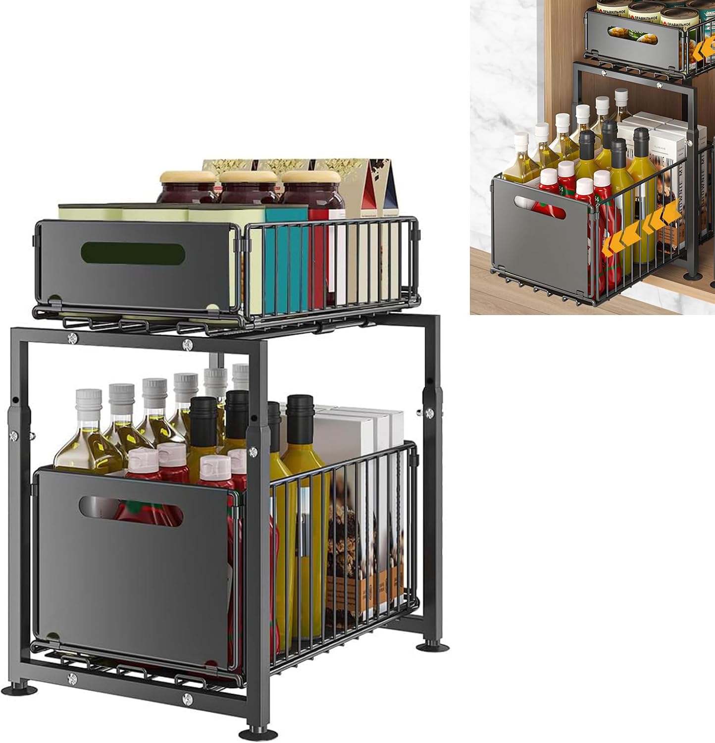 Base Cabinet Organiser Kitchen Cabinet with 2 Levels Kitchen Organiser, Metal Storage Shelf Under the Sink for Bathroom Cabinet or Pantry