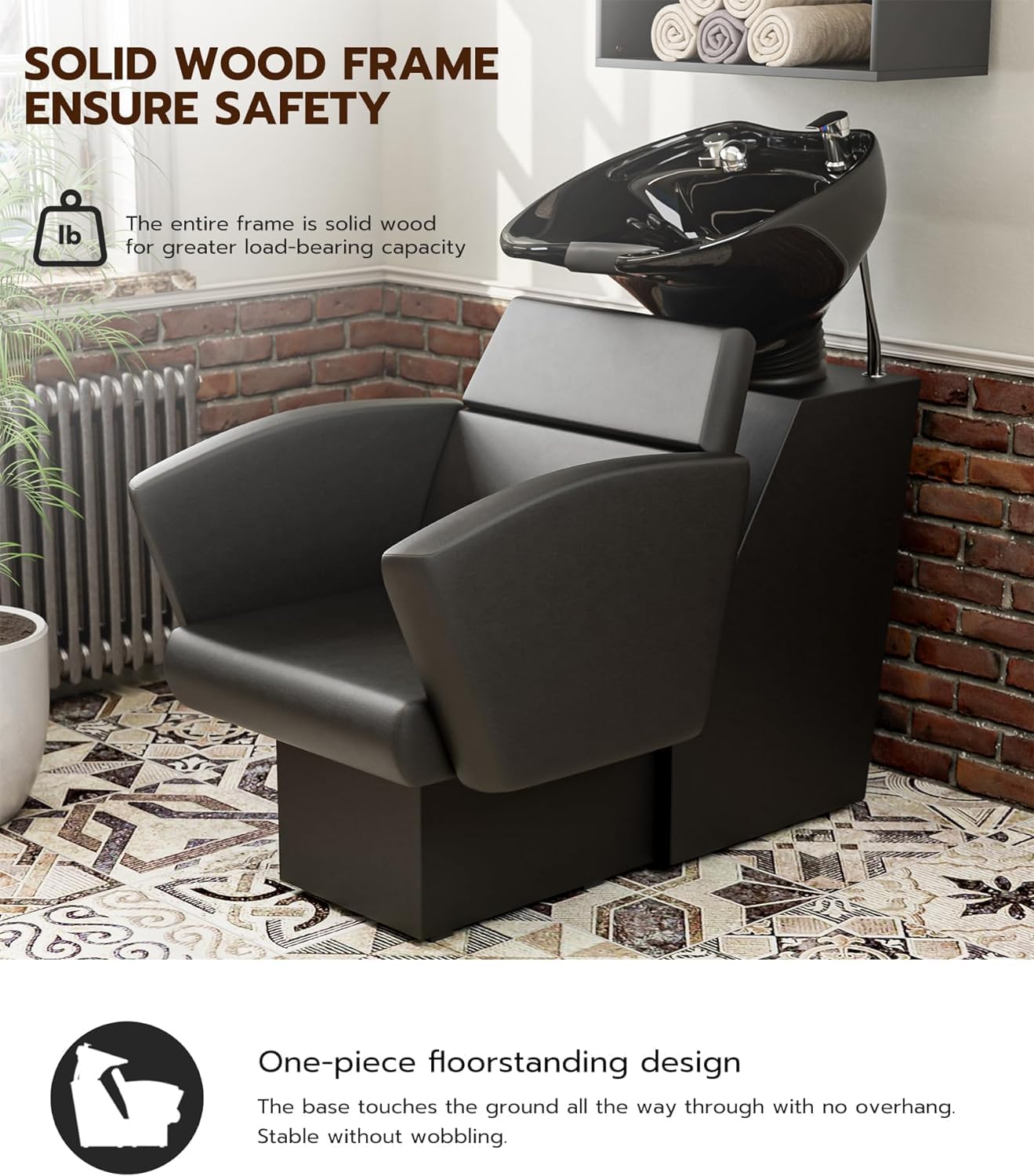 OKAKOPA Shampoo Bowl and Chair Set for Salon, Backwash Hair Washing Station with Tilting Ceramic Sink, Barber Hair Washing Unit for Hairstylist