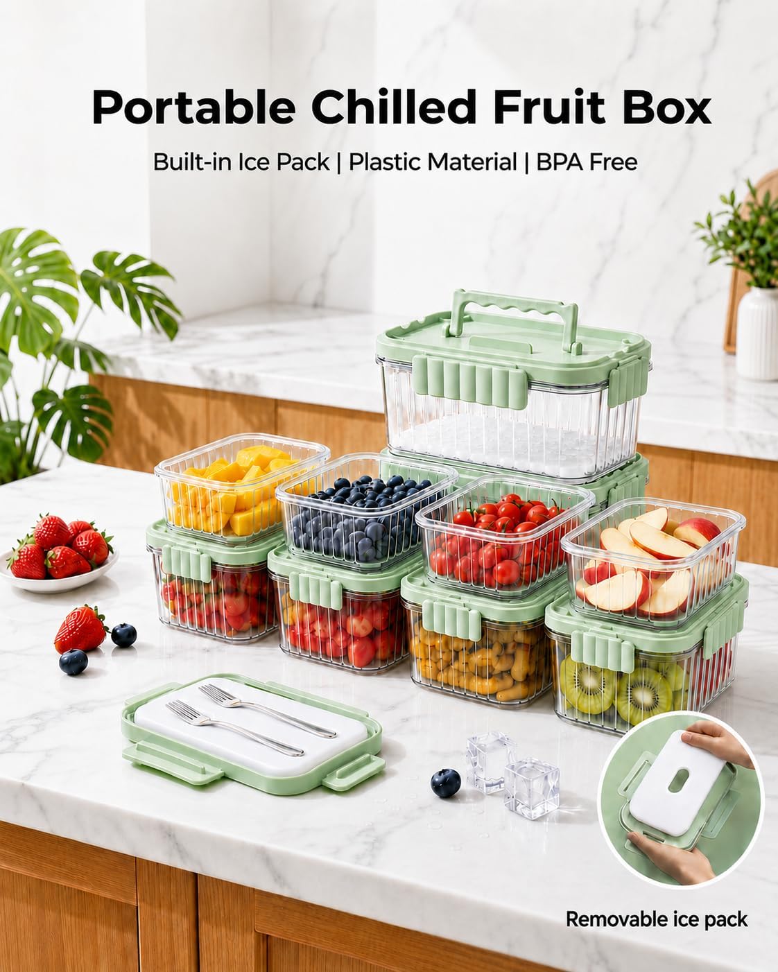 Snackle Box Container with Reusable Ice Pack, 18.6 oz Green+Beige image 3