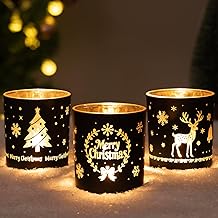 Larcenciel Christmas Candle Holder, Black Gold Christmas Tea Light Holders Set of 3 - Reindeer, Wreaths, Xmas Tree Design, Romantic Glass Candle Holder for Xmas Table Centrepiece, Home Decoration