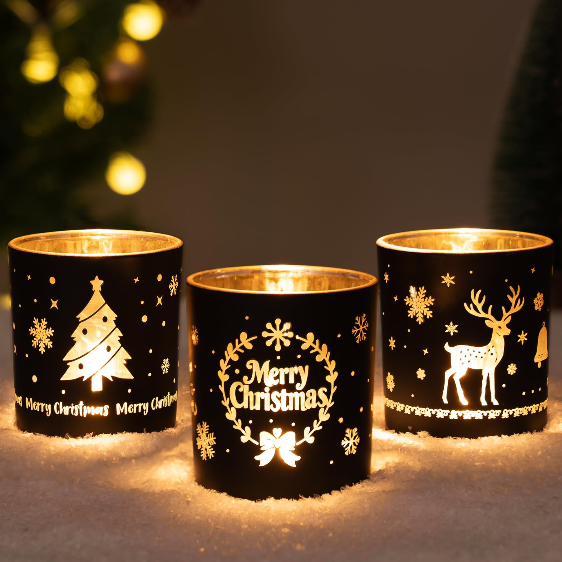 Larcenciel Christmas Candle Holder, Black Gold Christmas Tea Light Holders Set of 3 - Reindeer, Wreaths, Xmas Tree Design, Romantic Glass Candle Holder for Xmas Table Centrepiece, Home Decoration