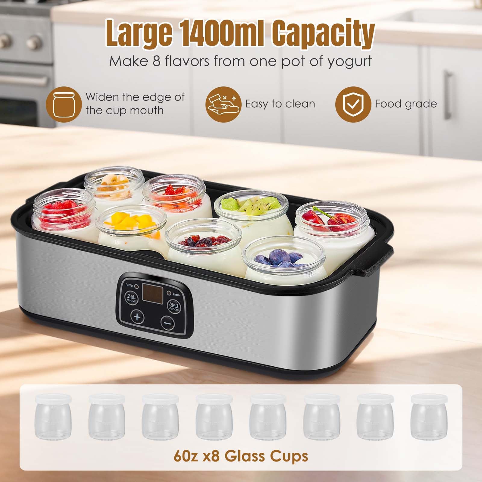 Yogurtiera Elettrica con Vasetti in Vetro | Temperatura e timer regolabili; contenitori in vetro per preparare yogurt biologico, natto e dessert sani fatti in casa