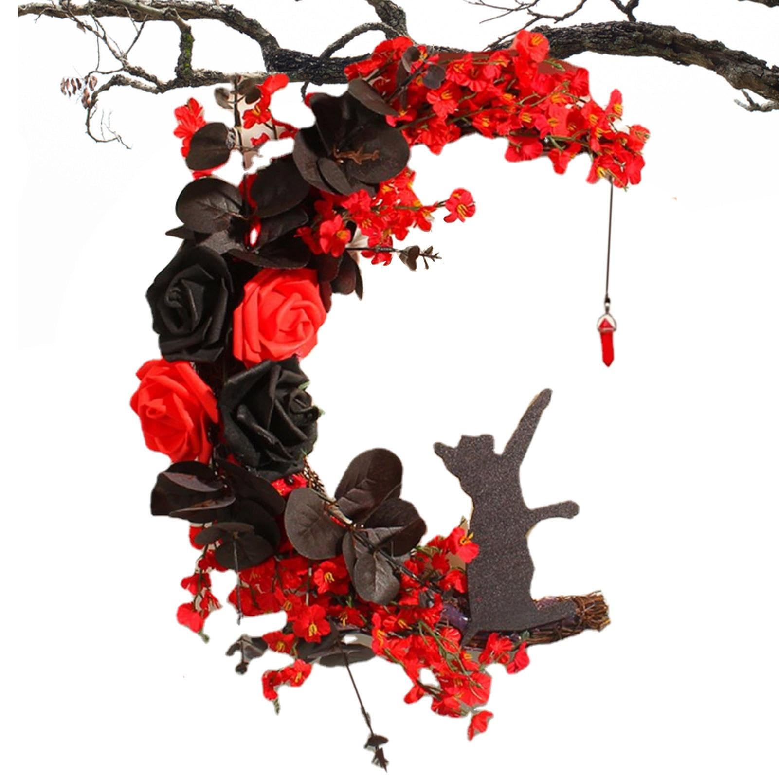 Halloween Cat Wreath | Halloween Front Door Decor - Artificial Rose Wreaths With Black Artificial Rose, Dark Gothic Style Create A Halloween Mood for Harvest Festival Decoration Visiblurry